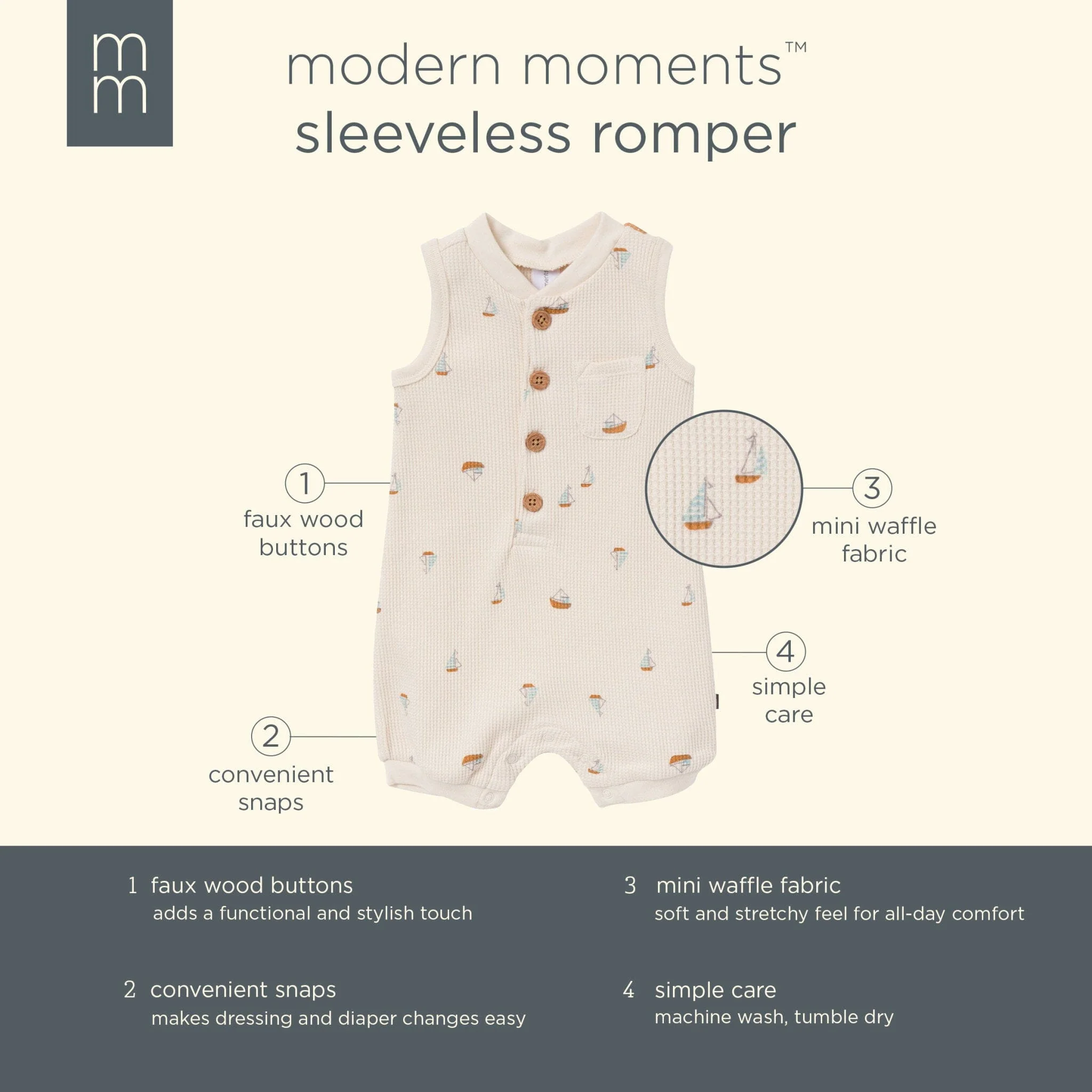 Baby Boys Beige Sailboat Sleeveless Romper - Image 6