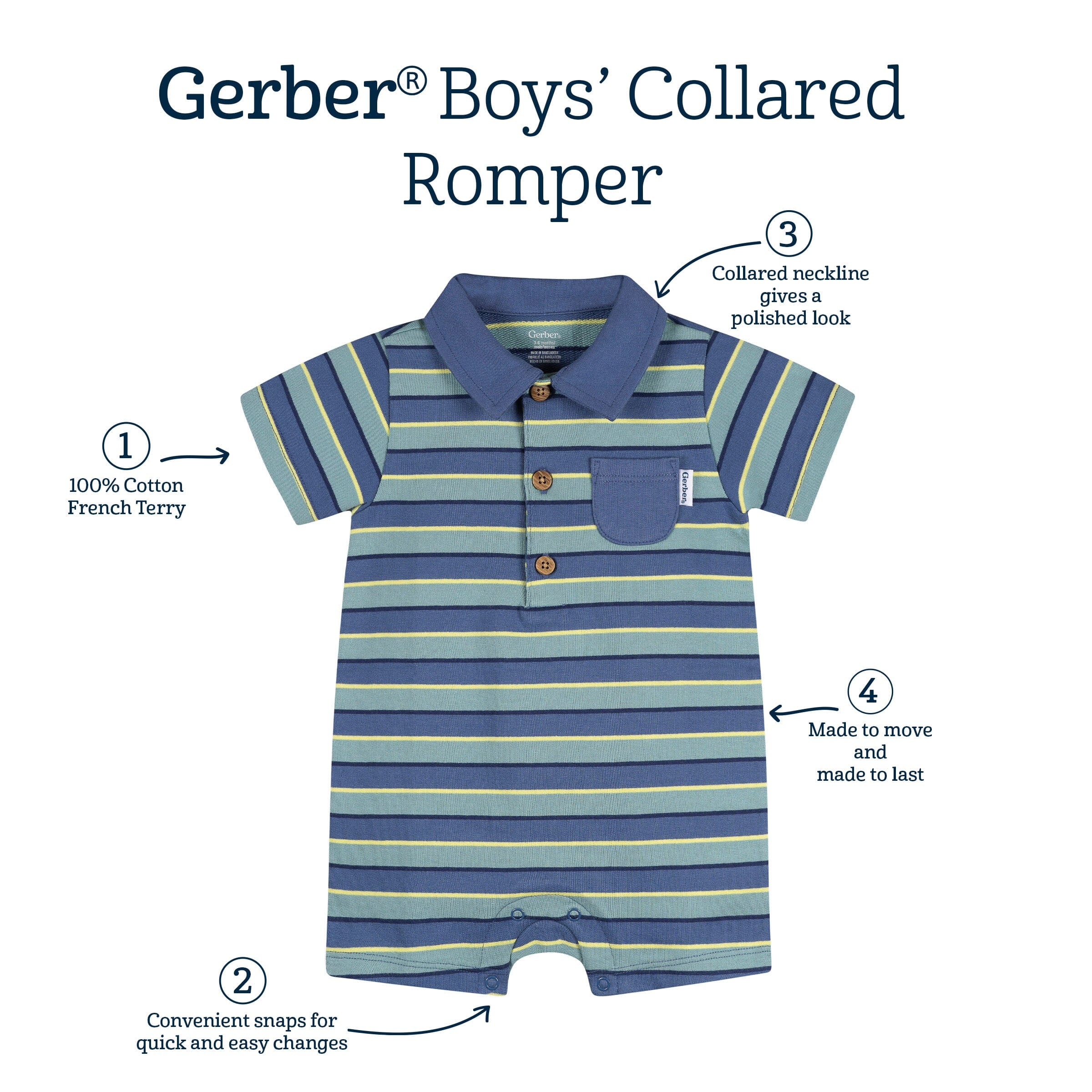 Baby Boys Blue & Green Stripe Collared Romper - Image 6