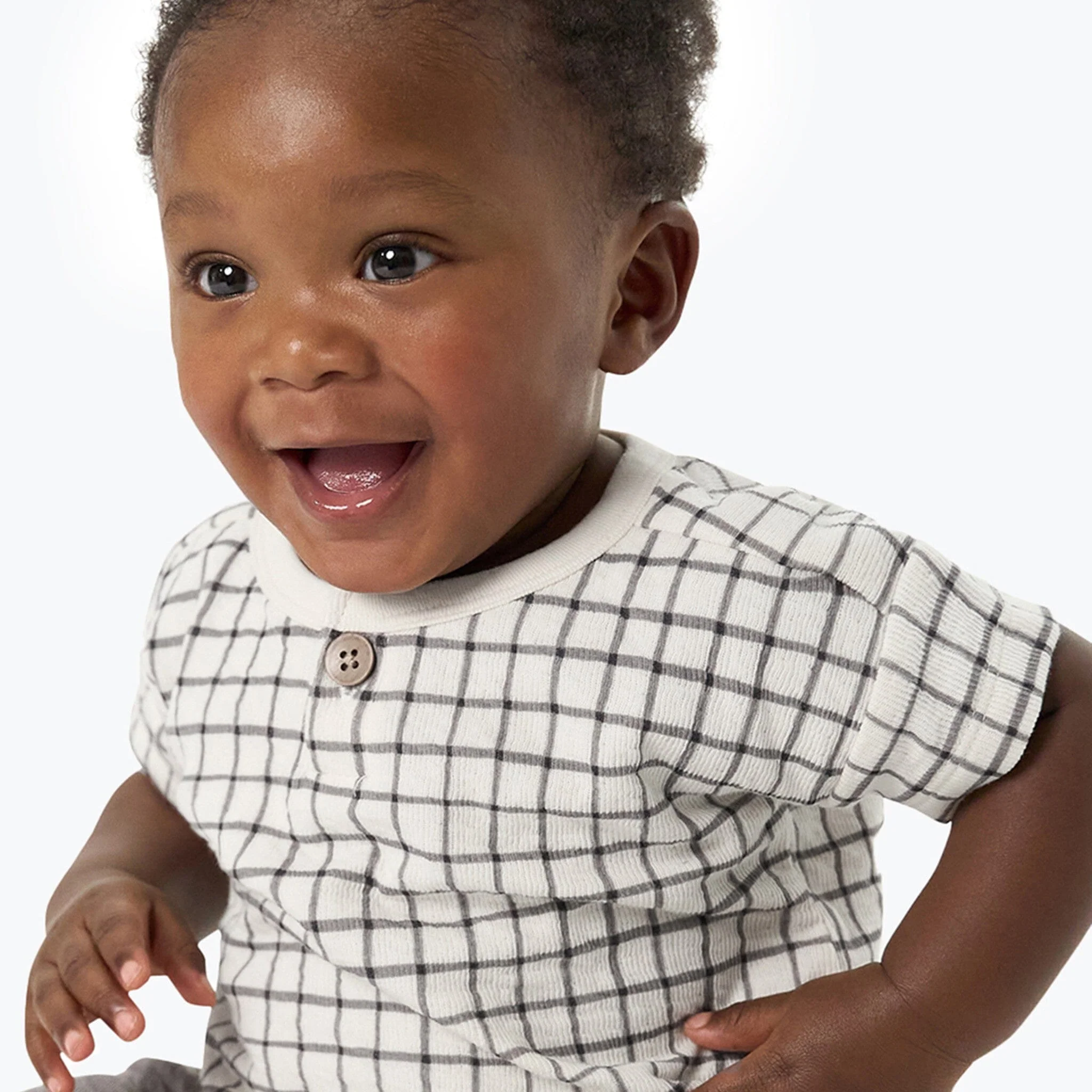 Baby Boys Grey Plaid Henley Drop Shoulder Top - Image 2