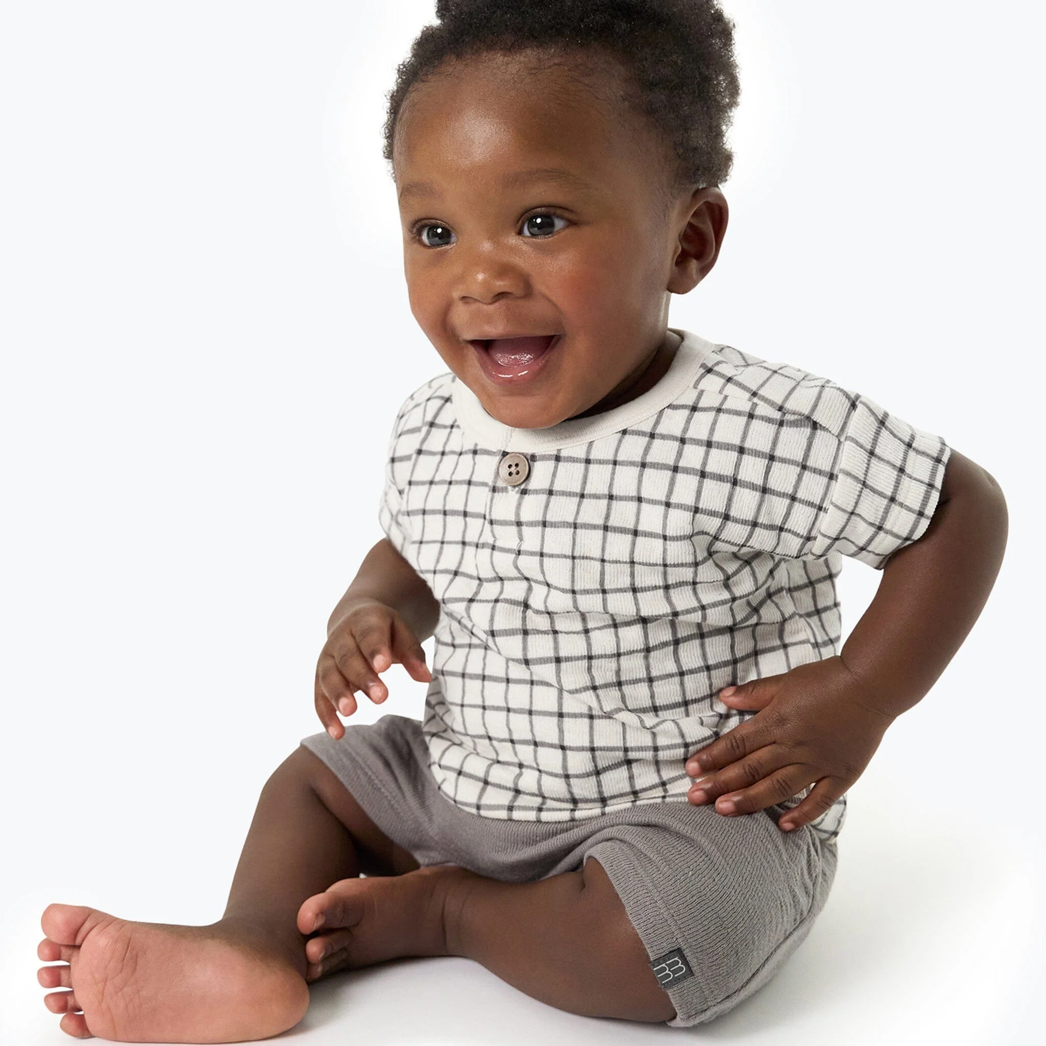 Baby Boys Grey Plaid Henley Drop Shoulder Top - Image 3