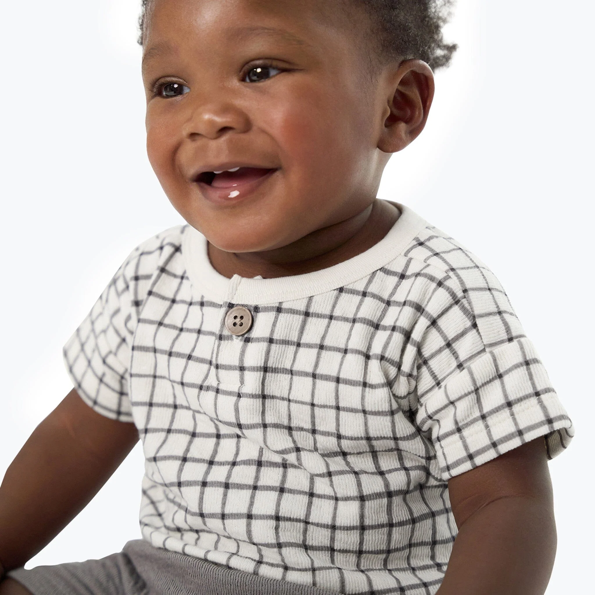 Baby Boys Grey Plaid Henley Drop Shoulder Top - Image 4