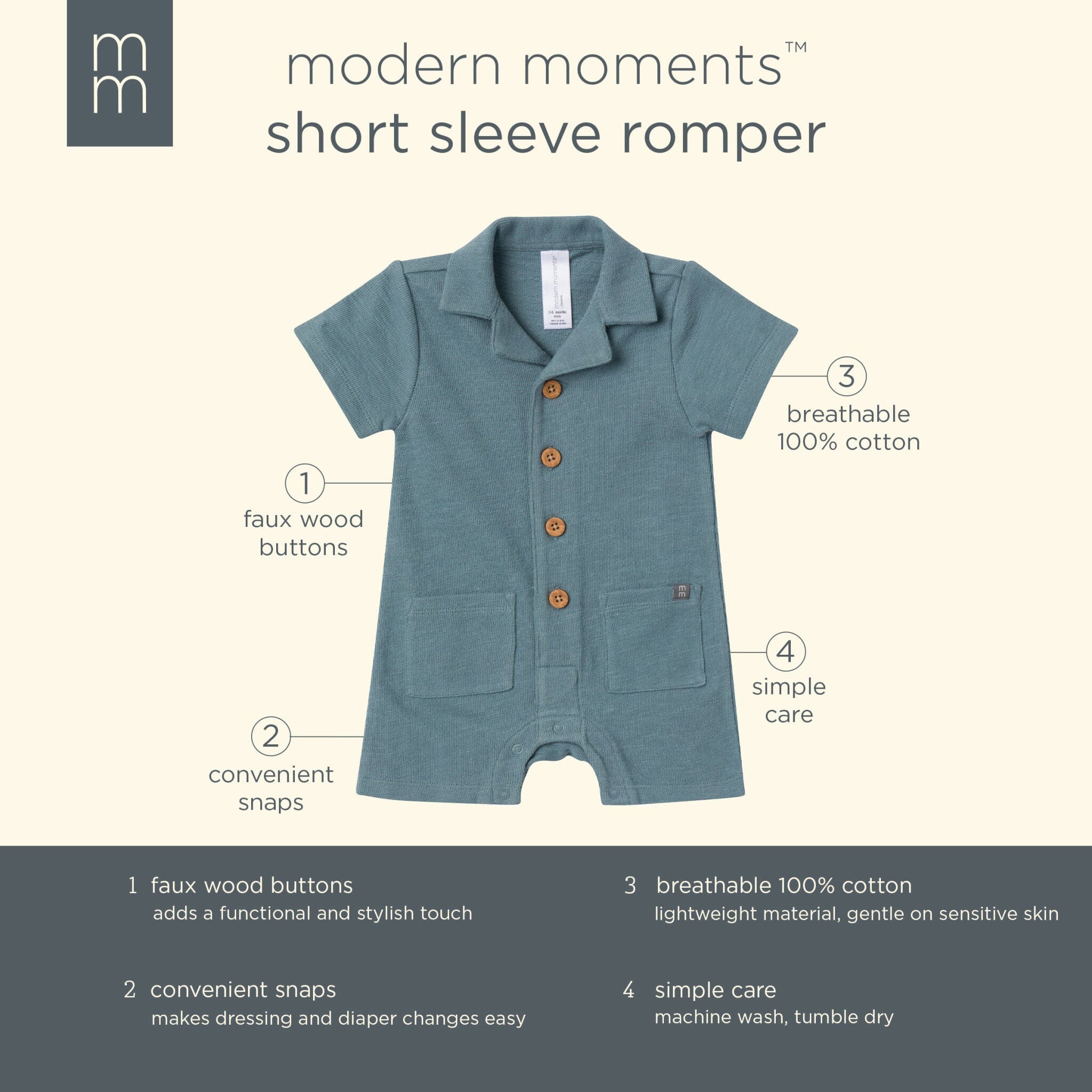 Baby Boys Teal Collared Short Sleeve Romper - Image 8