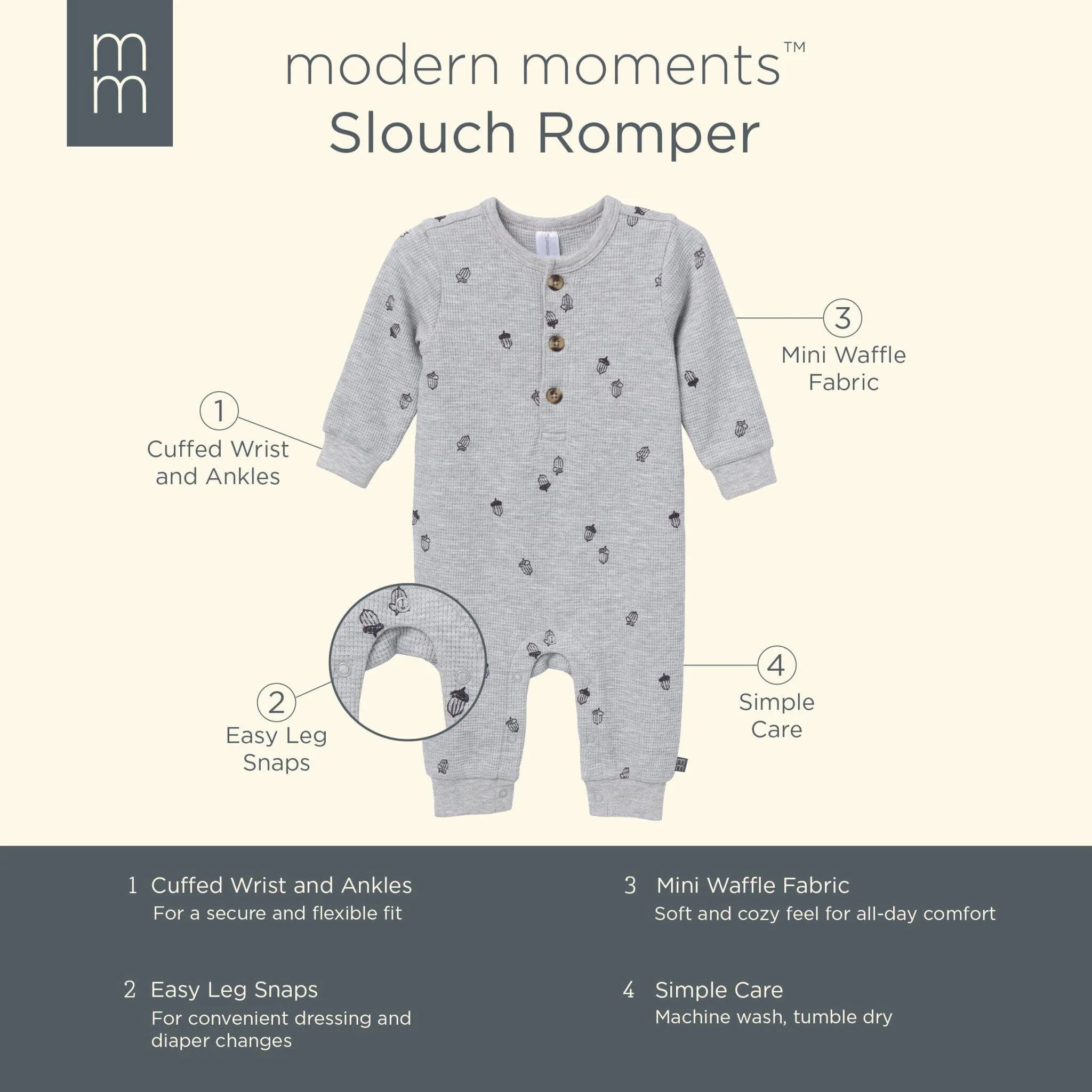 Baby Boys Grey Heather Acorn Slouch Romper - Image 5