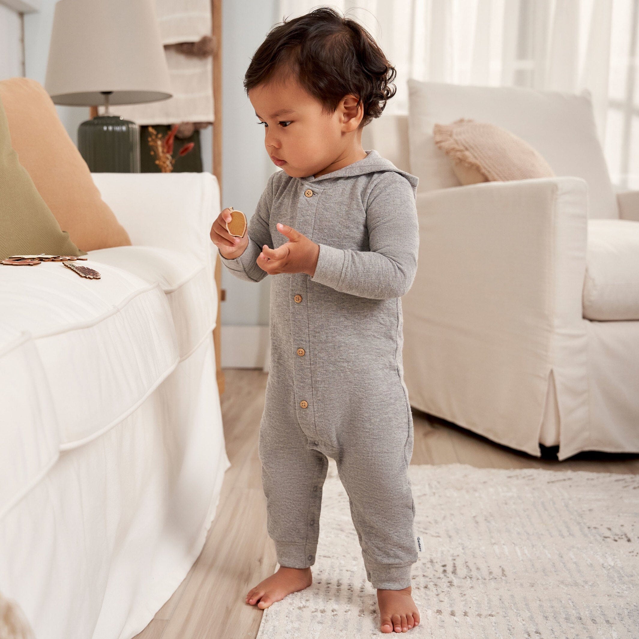 Baby Neutral Grey Heather Hooded Romper - Image 2
