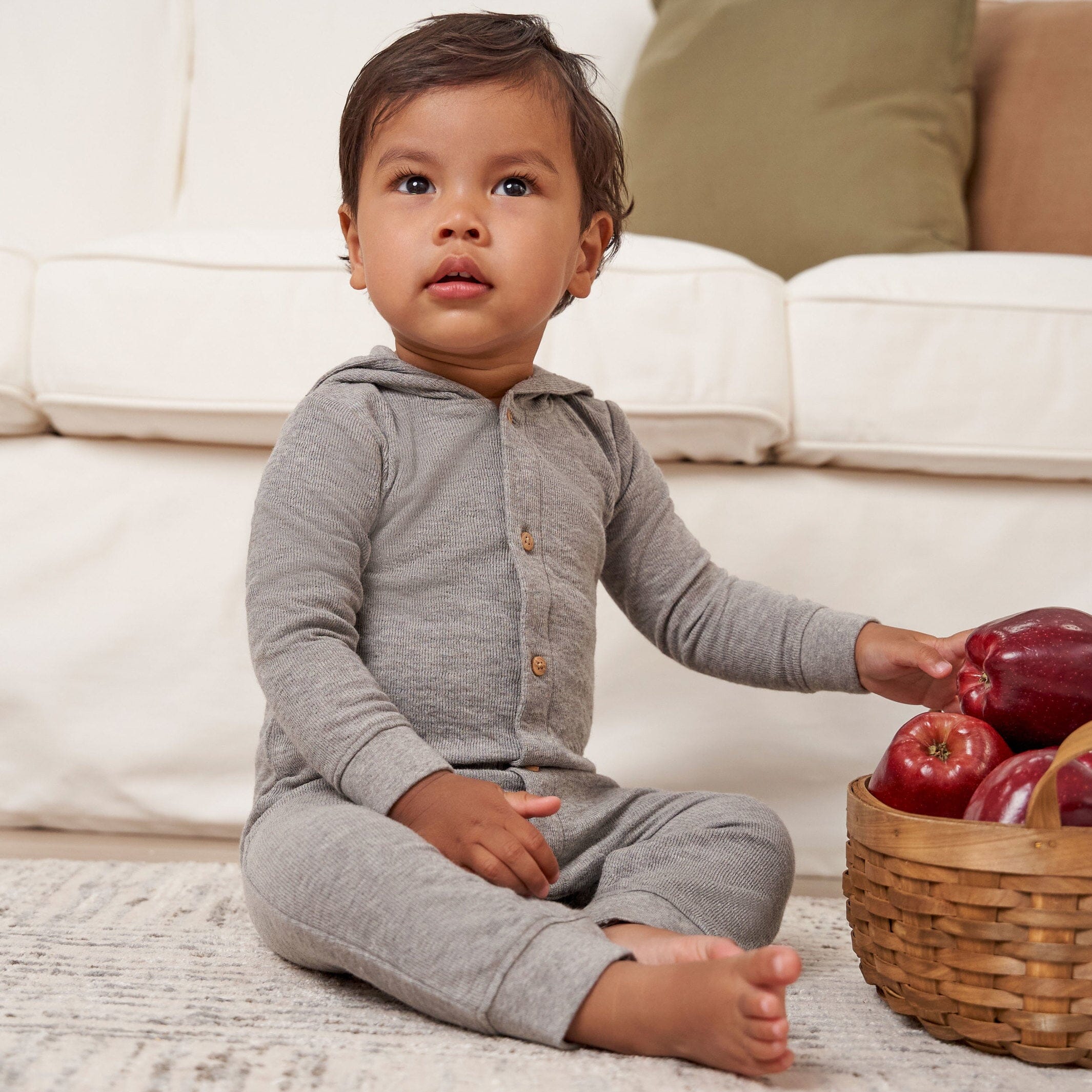 Baby Neutral Grey Heather Hooded Romper - Image 3