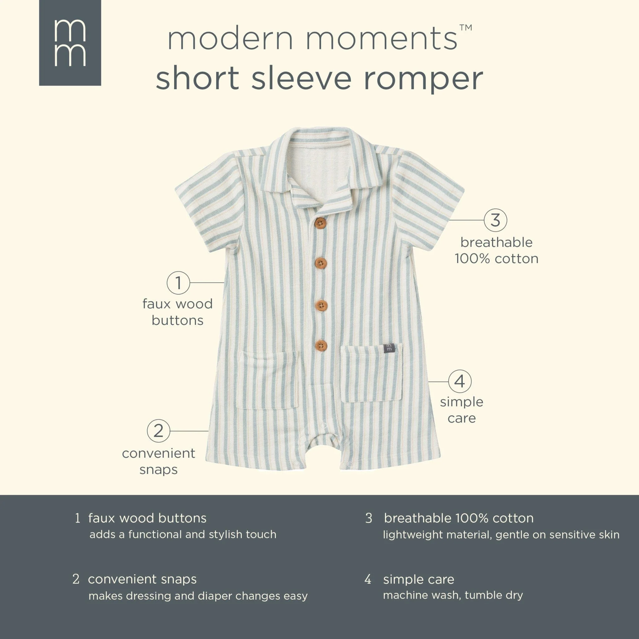 Baby Boys Teal Stripe Collared Short Sleeve Romper - Image 5