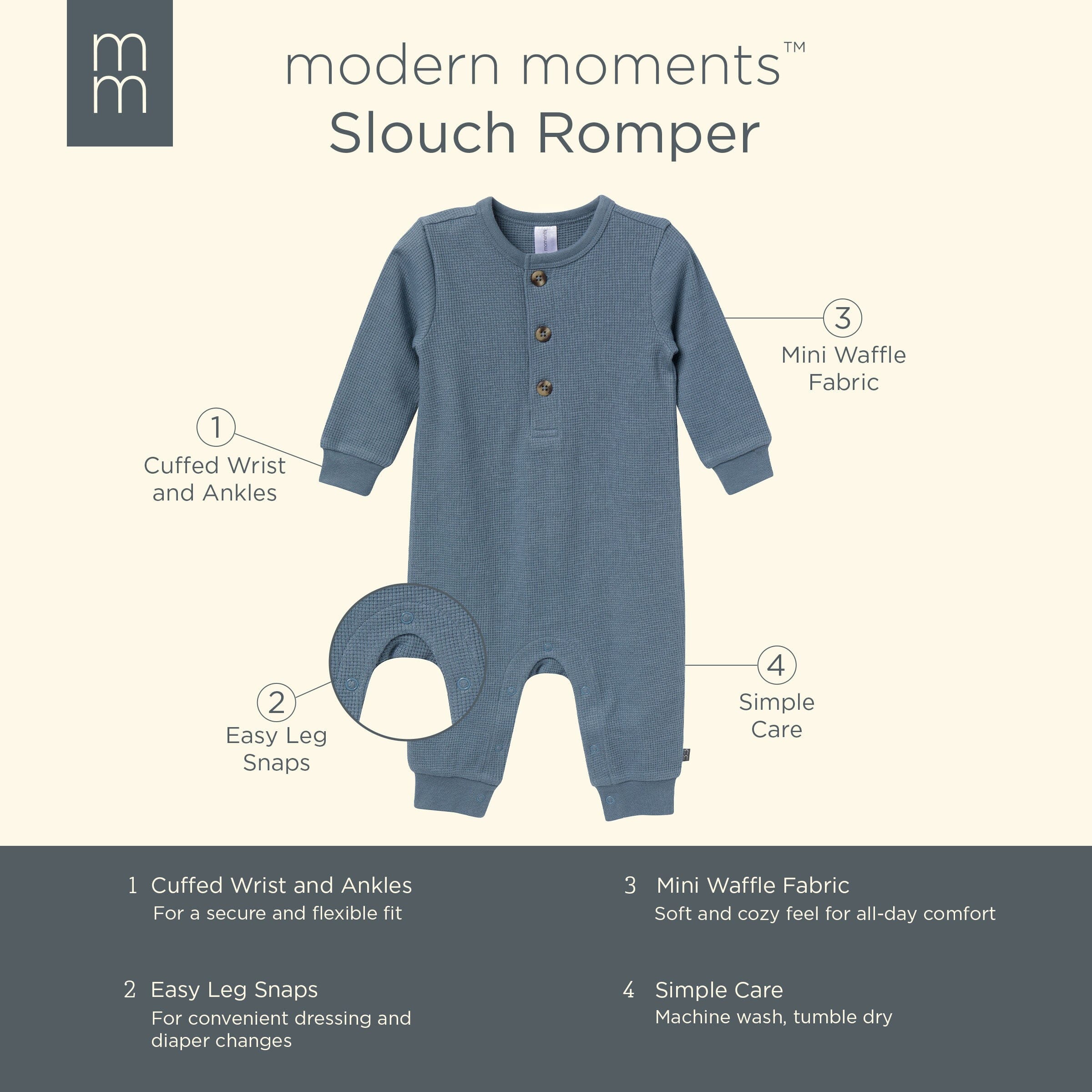 Baby Boys Medium Blue Waffle Slouch Romper - Image 5