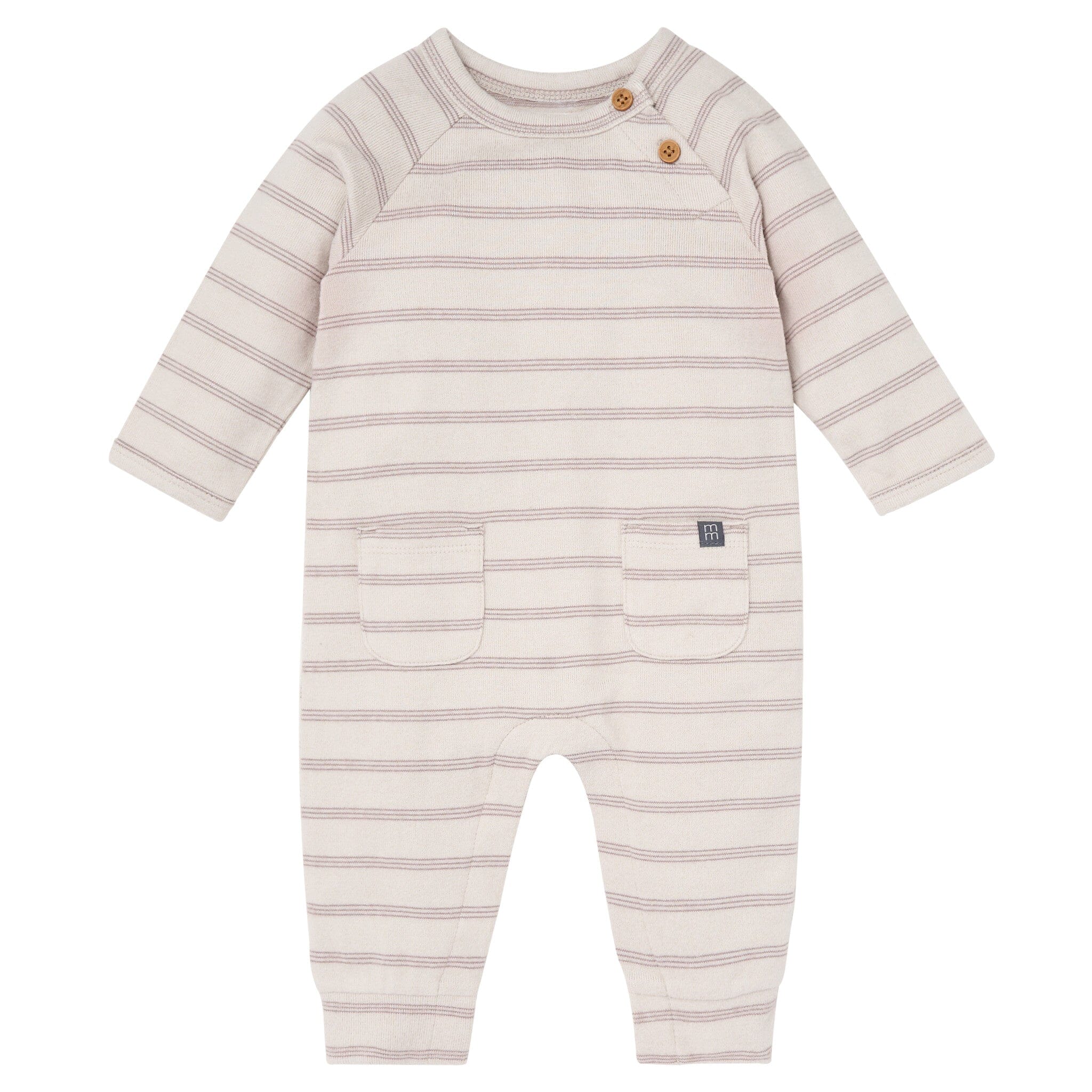 Baby Boys Oatmeal Heather Stripe Hacci Long Sleeve Romper