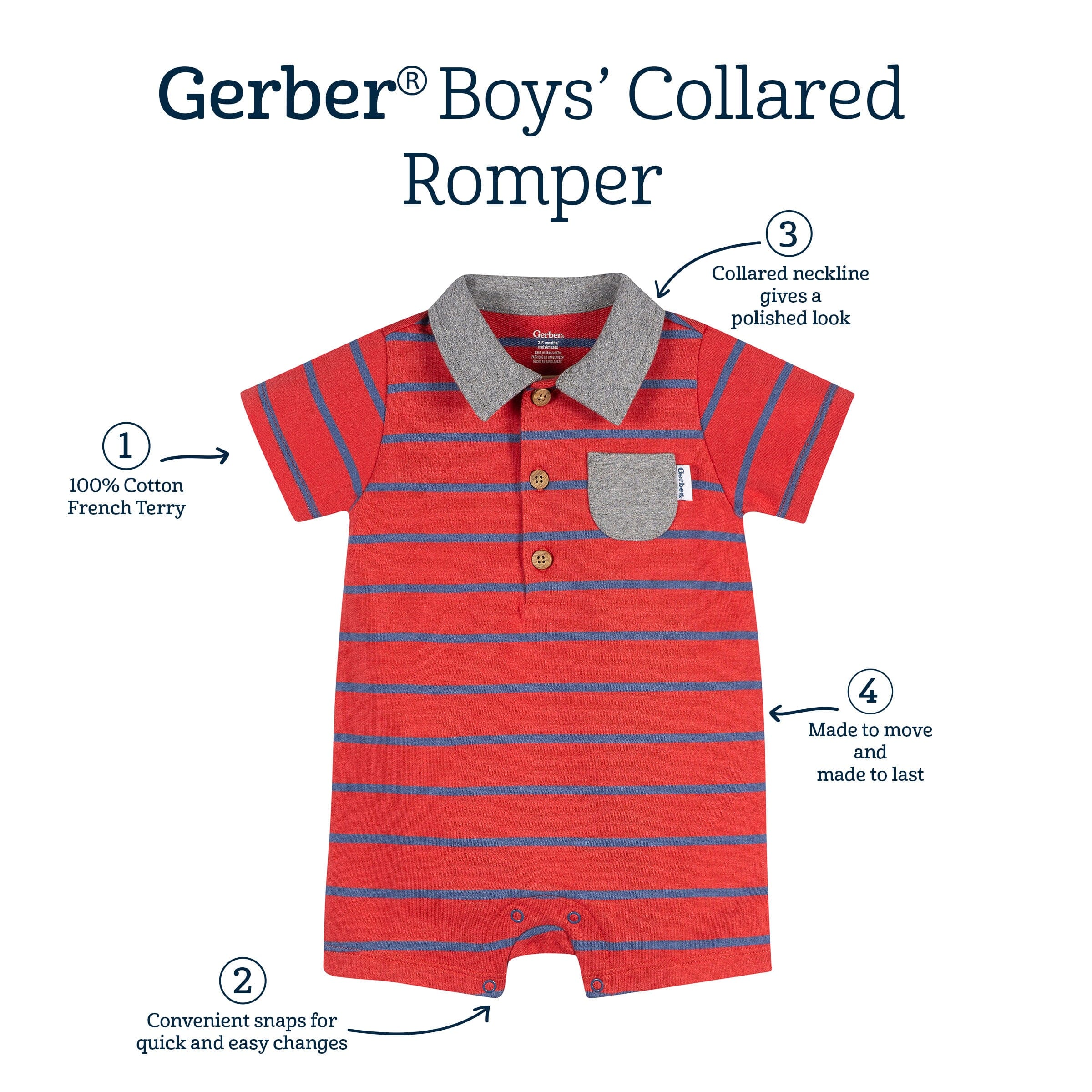 Baby Boys Red & Blue Stripe Collared Romper - Image 6