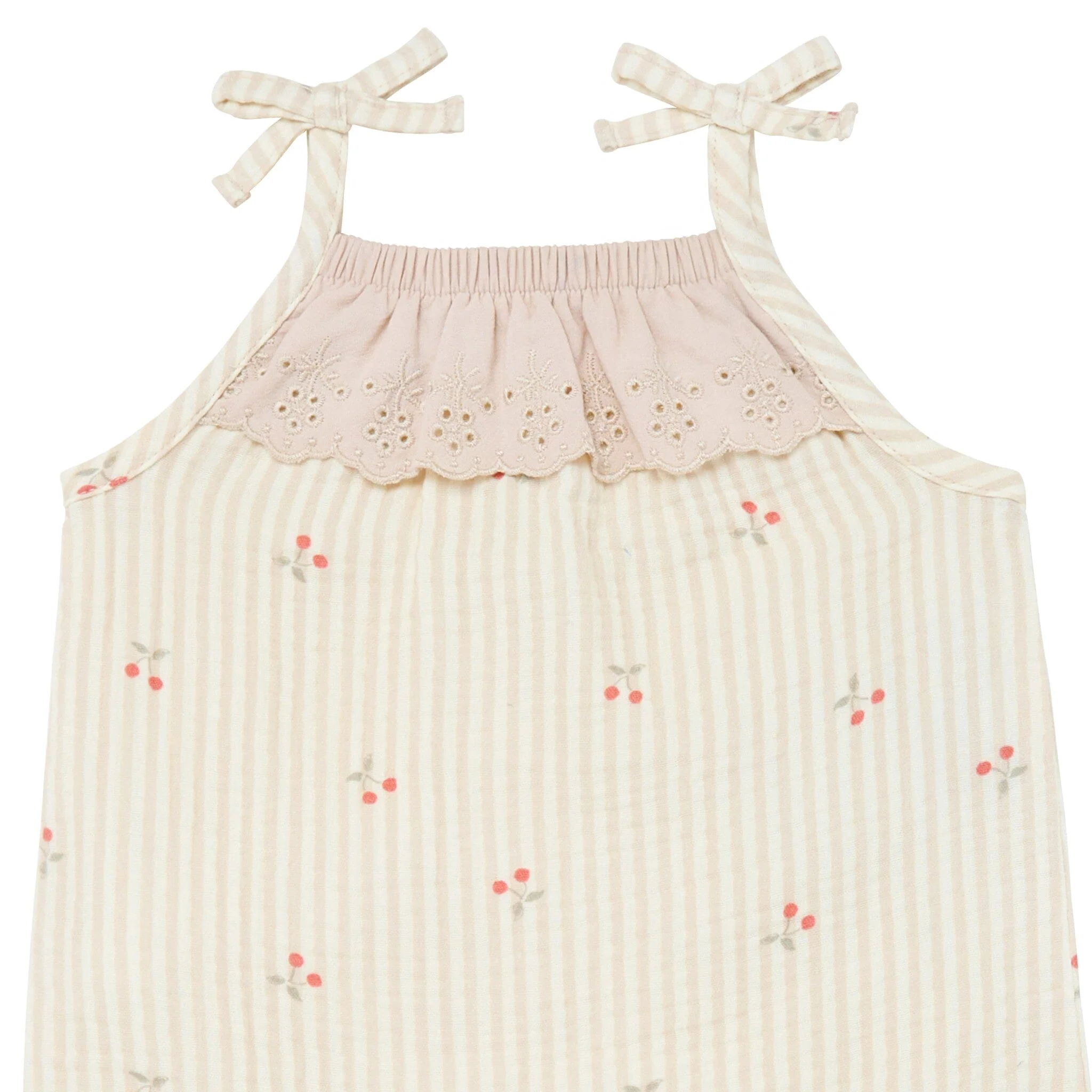 Baby Girls Beige Cherry Stripe Sleeveless Ruffle Romper - Image 2