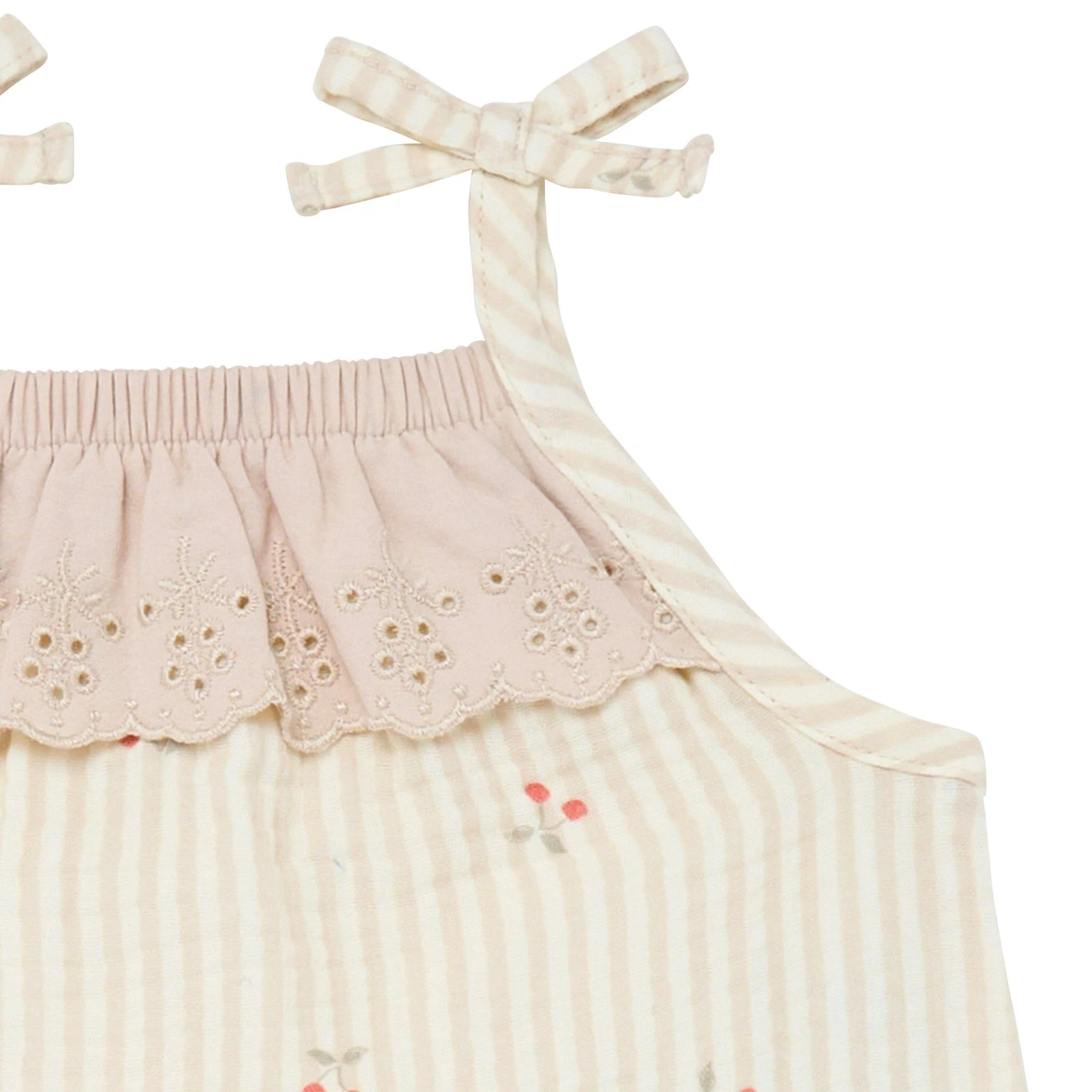 Baby Girls Beige Cherry Stripe Sleeveless Ruffle Romper - Image 3