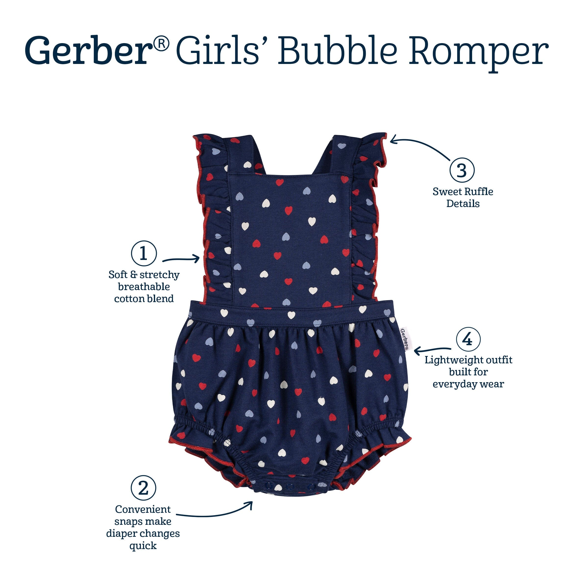 Baby Girls Red, White, & Blue Hearts Bubble Romper - Image 5