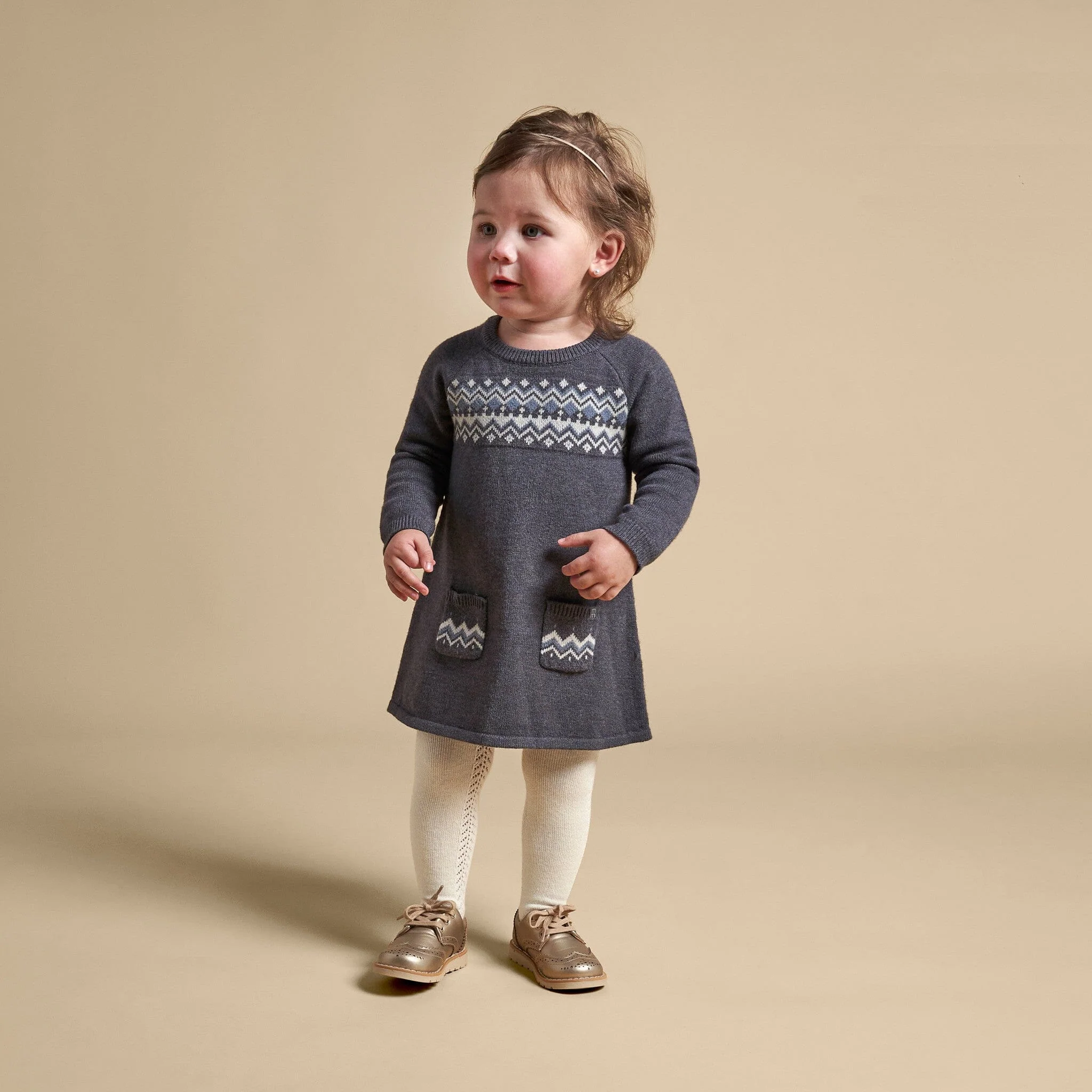 Baby Girls Dark Grey Heather Fair Isle Viscose Sweater Dress - Image 2