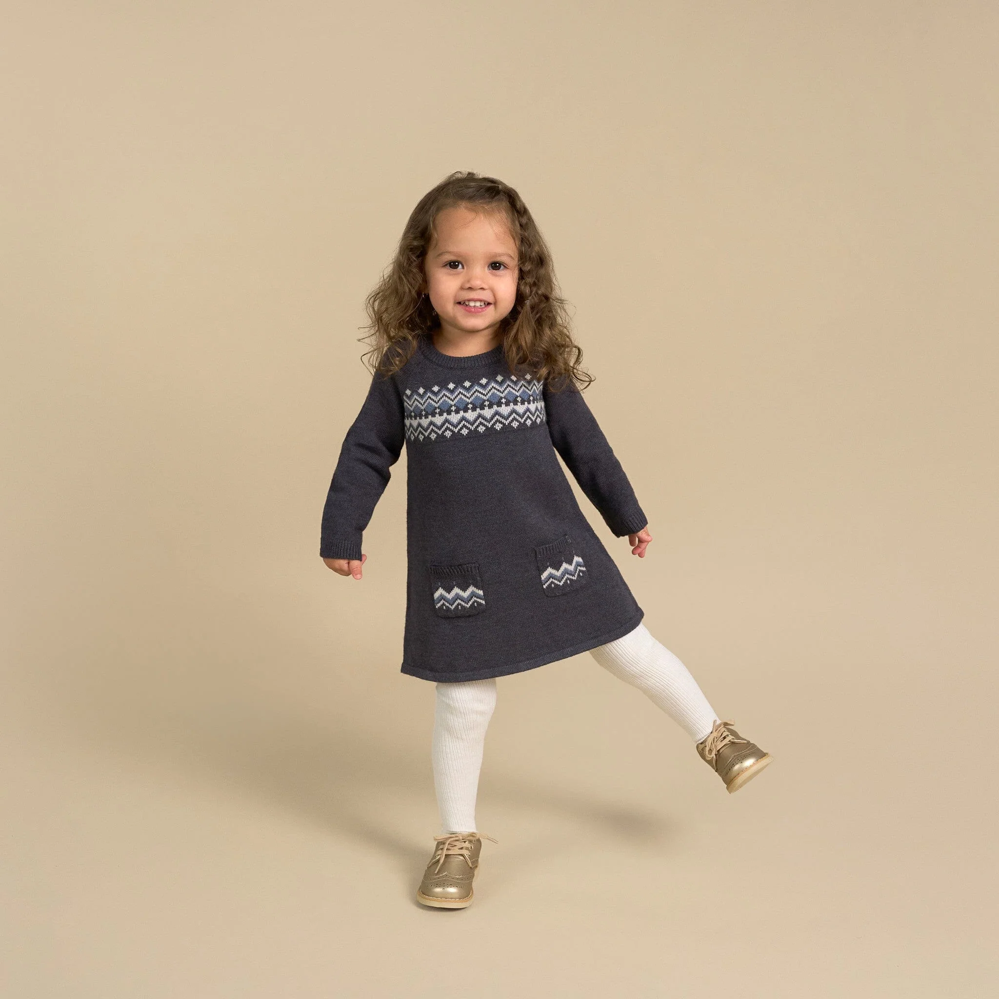 Baby Girls Dark Grey Heather Fair Isle Viscose Sweater Dress - Image 3
