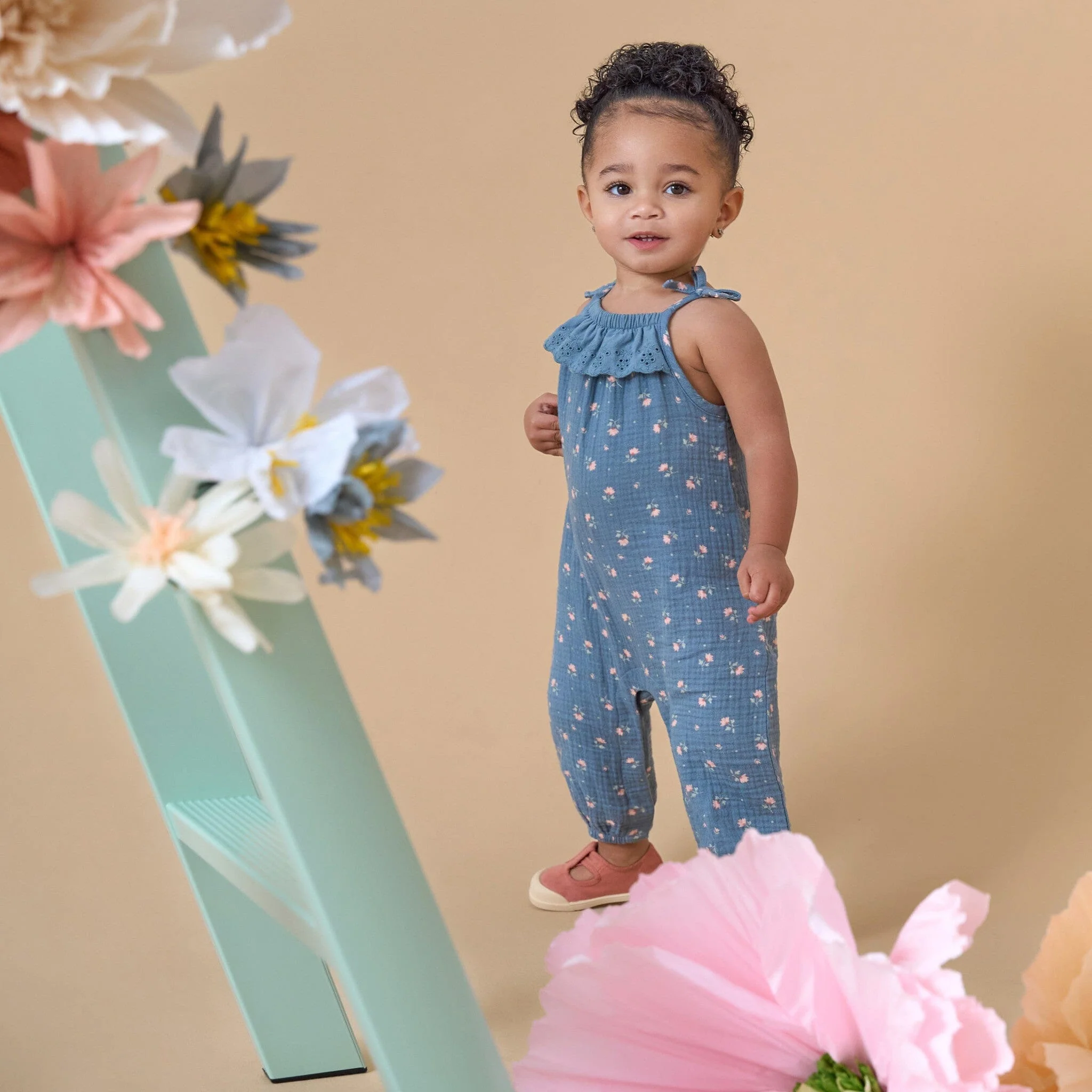 Baby Girls Teal Aster Flower Sleeveless Ruffle Romper - Image 2