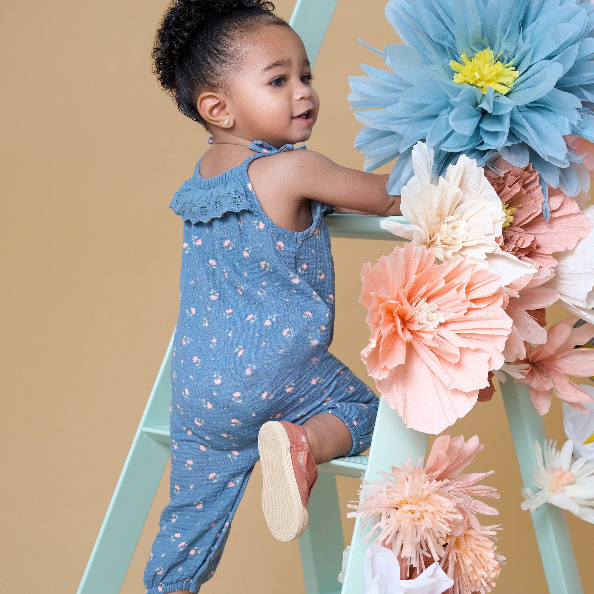 Baby Girls Teal Aster Flower Sleeveless Ruffle Romper - Image 4