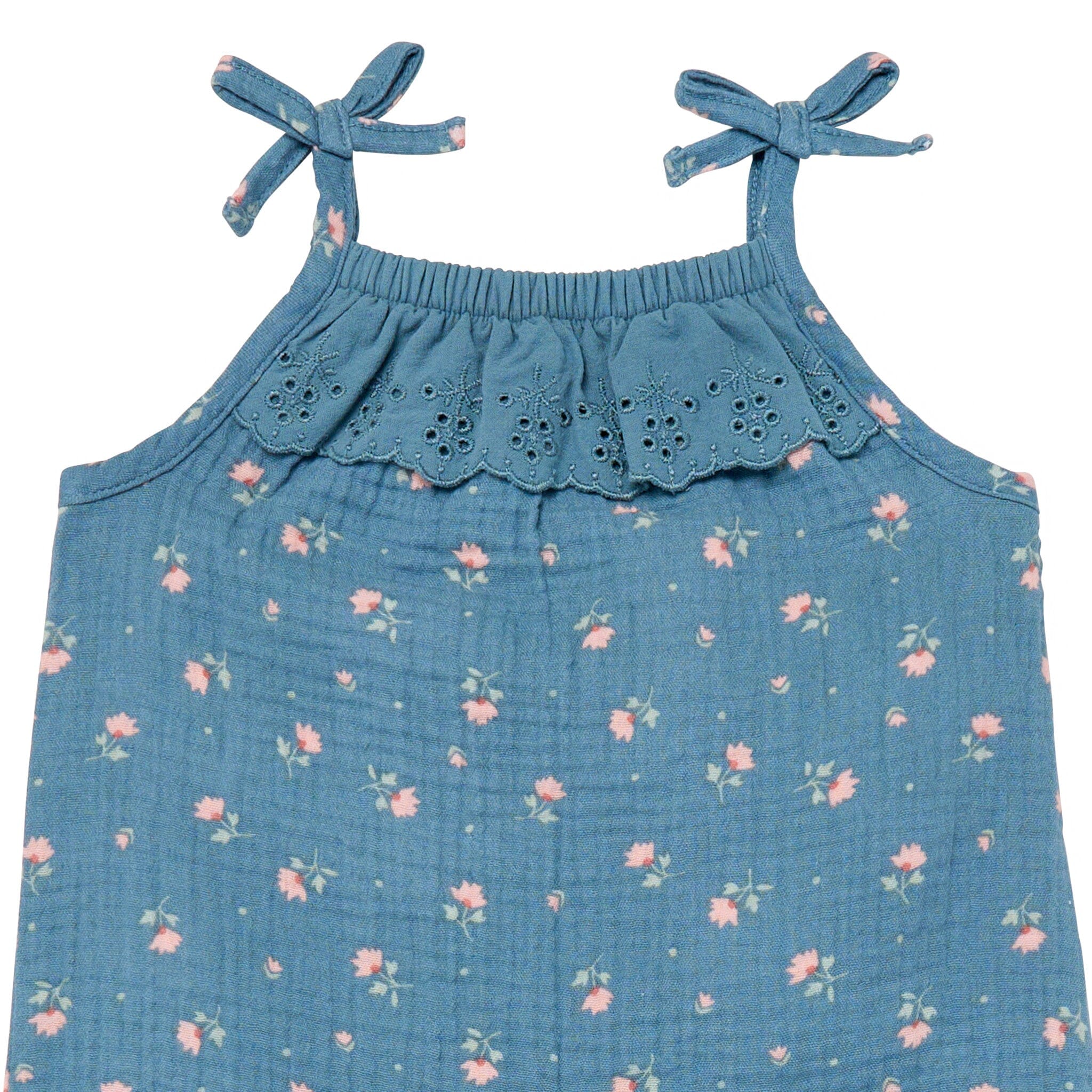Baby Girls Teal Aster Flower Sleeveless Ruffle Romper - Image 5