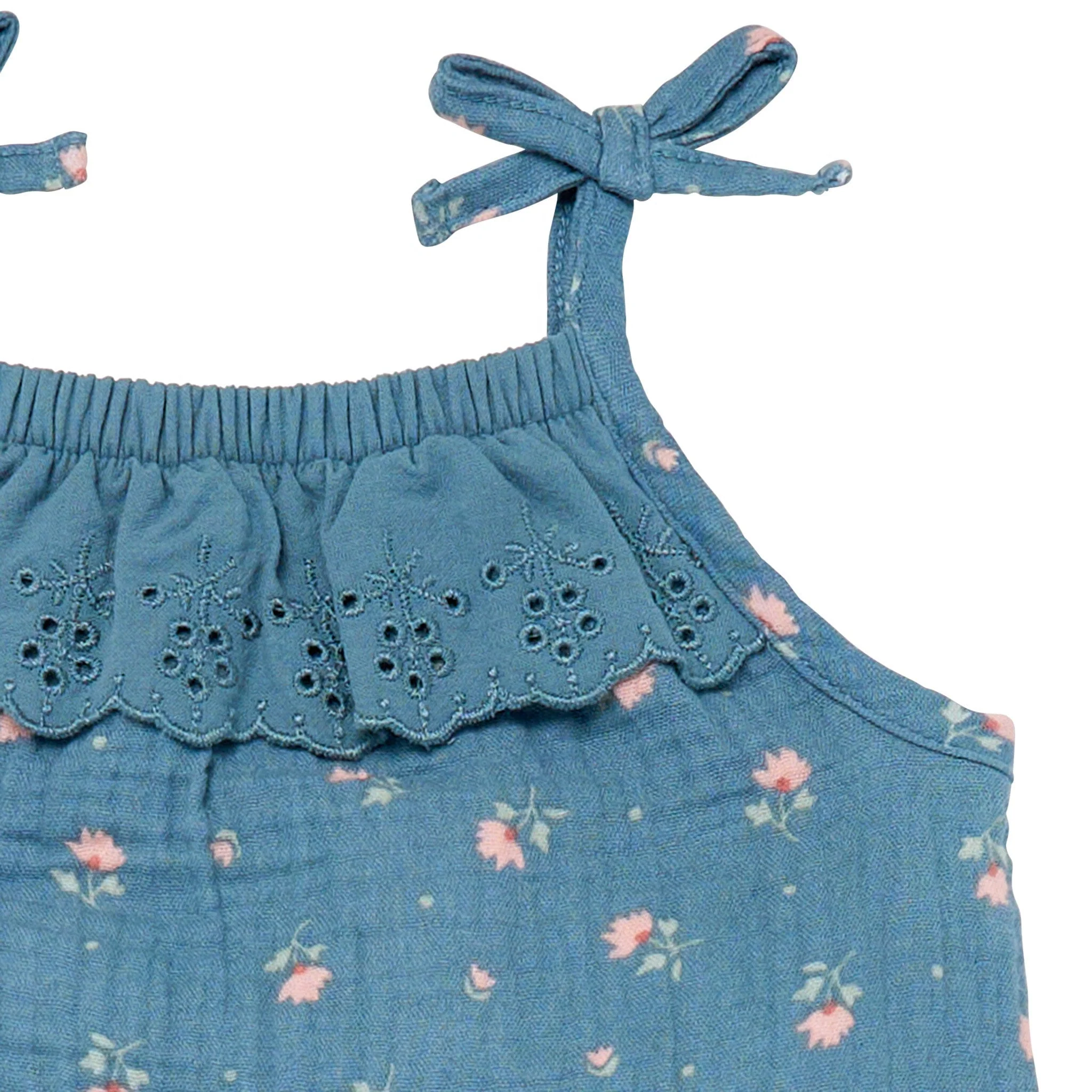 Baby Girls Teal Aster Flower Sleeveless Ruffle Romper - Image 6