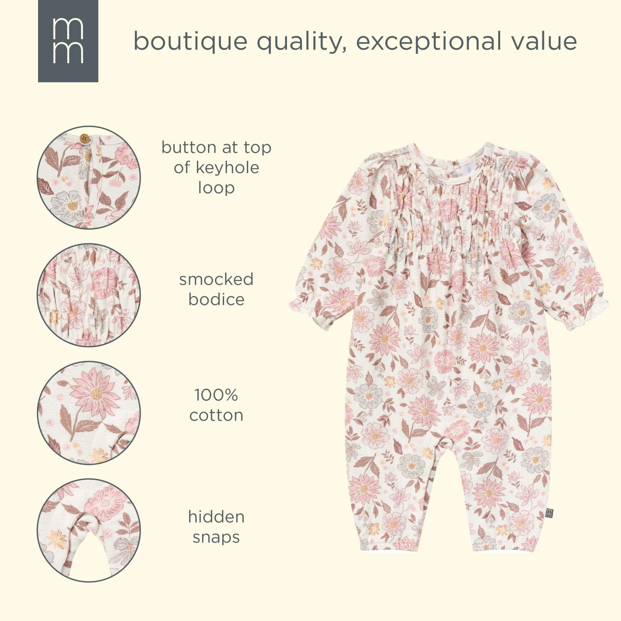 Baby Girls Flower Blossoms Smocked Long Leg Romper - Image 7