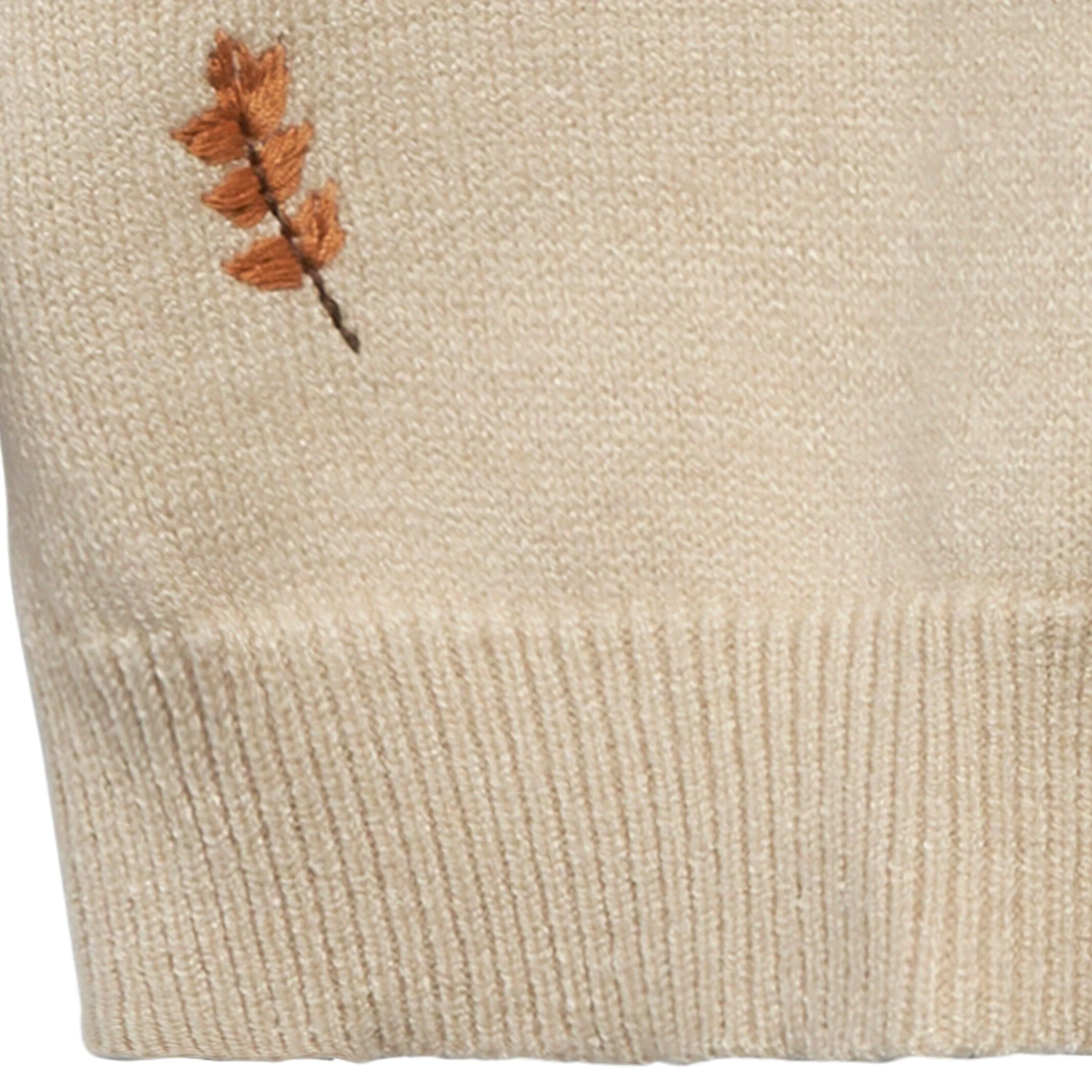 Baby Neutral Light Beige Embroidered Leaves Viscose Sweater - Image 3