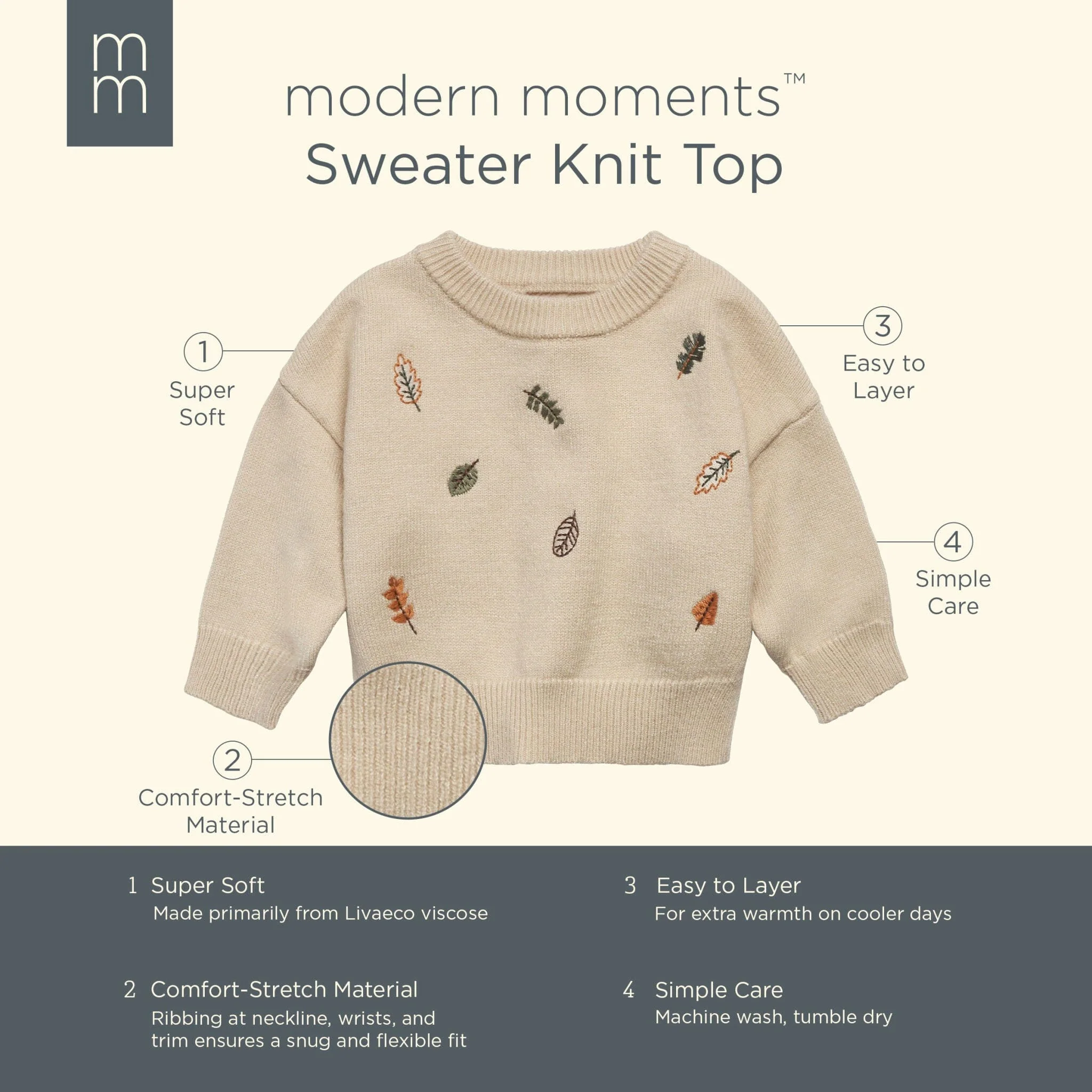Baby Neutral Light Beige Embroidered Leaves Viscose Sweater - Image 5