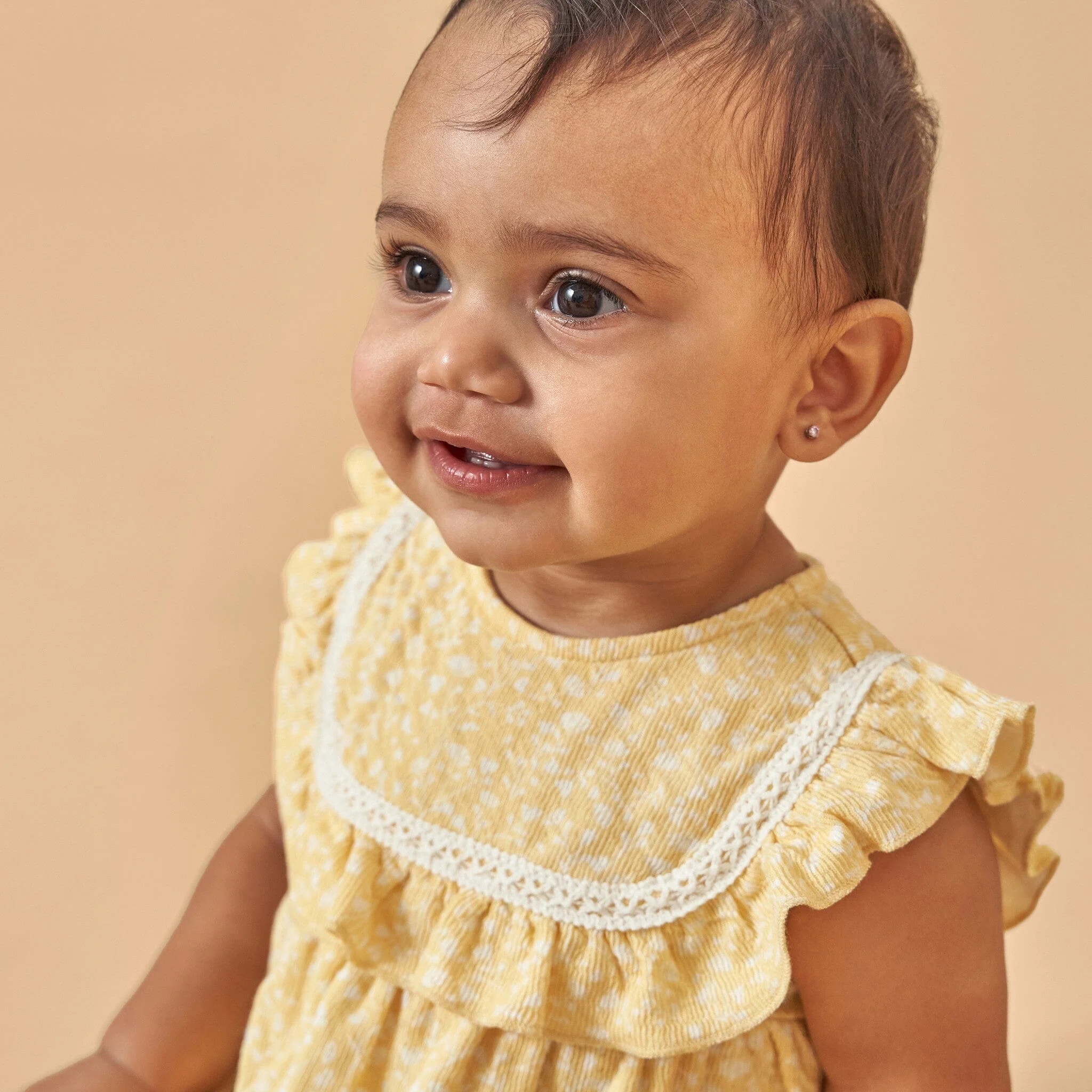 Baby Girls Yellow Vine Flower Ruffle Bubble Romper - Image 3