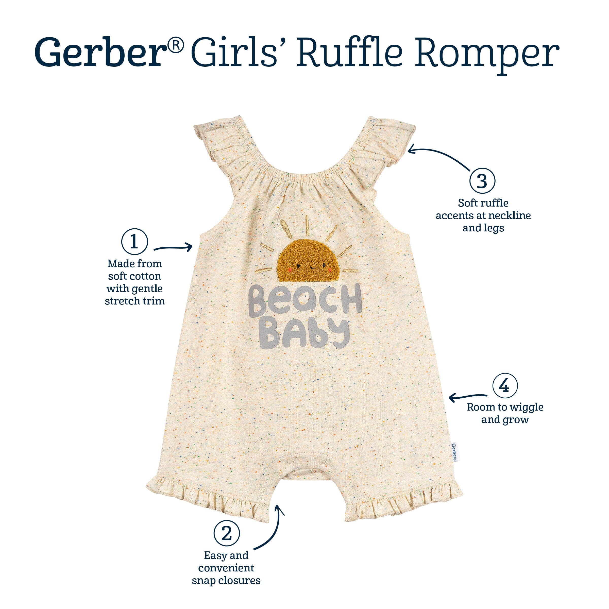 Baby Girls Oatmeal Speckle Sleeveless Ruffle Romper - Image 5