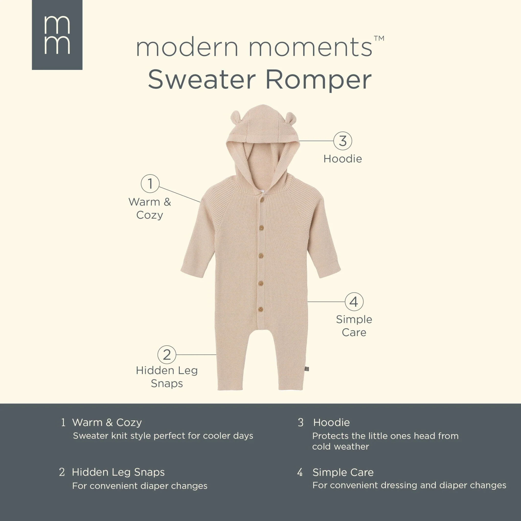 Baby Neutral Beige Hooded Viscose Sweater Romper - Image 7