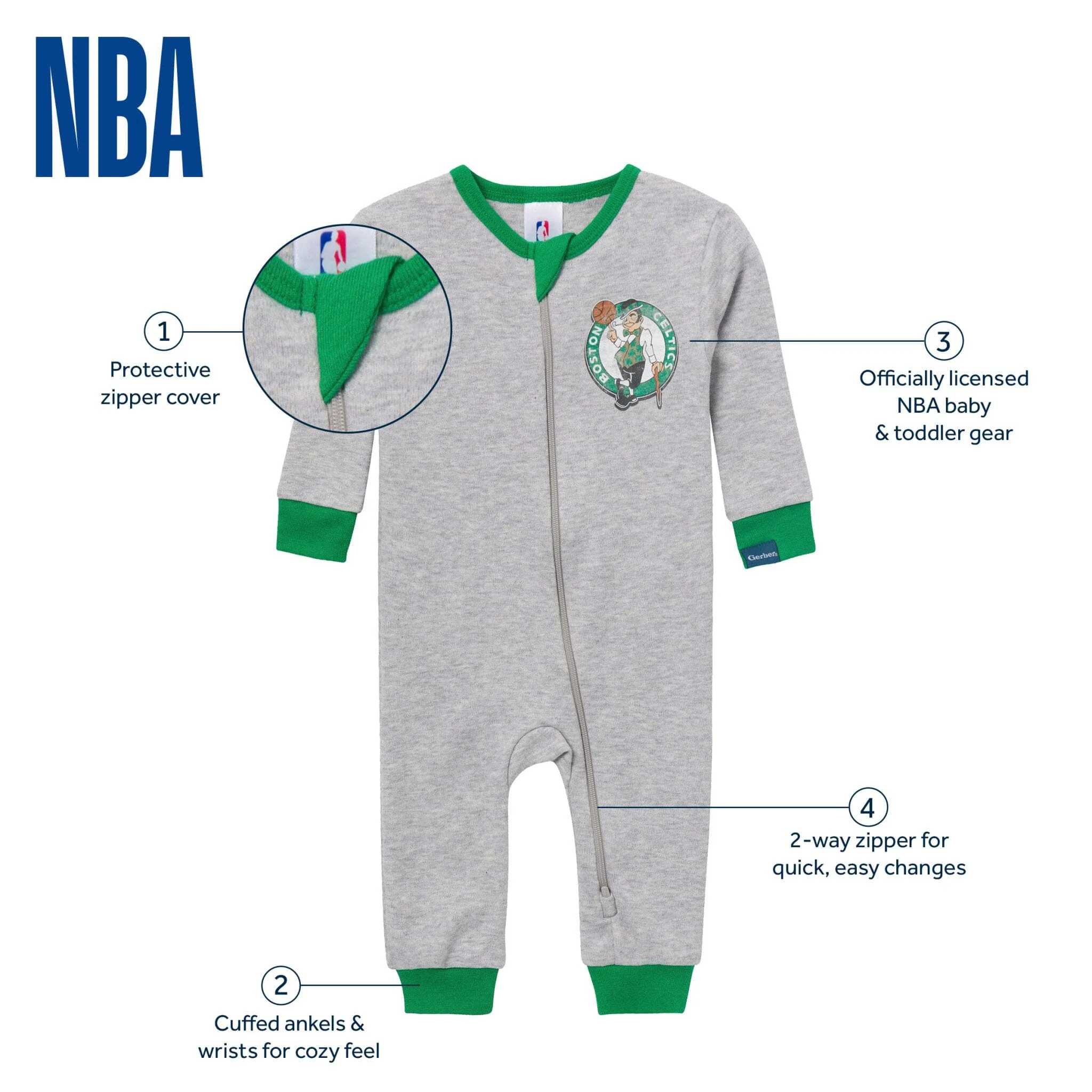 Baby Neutral Boston Celtics Footless Pajamas - Image 5