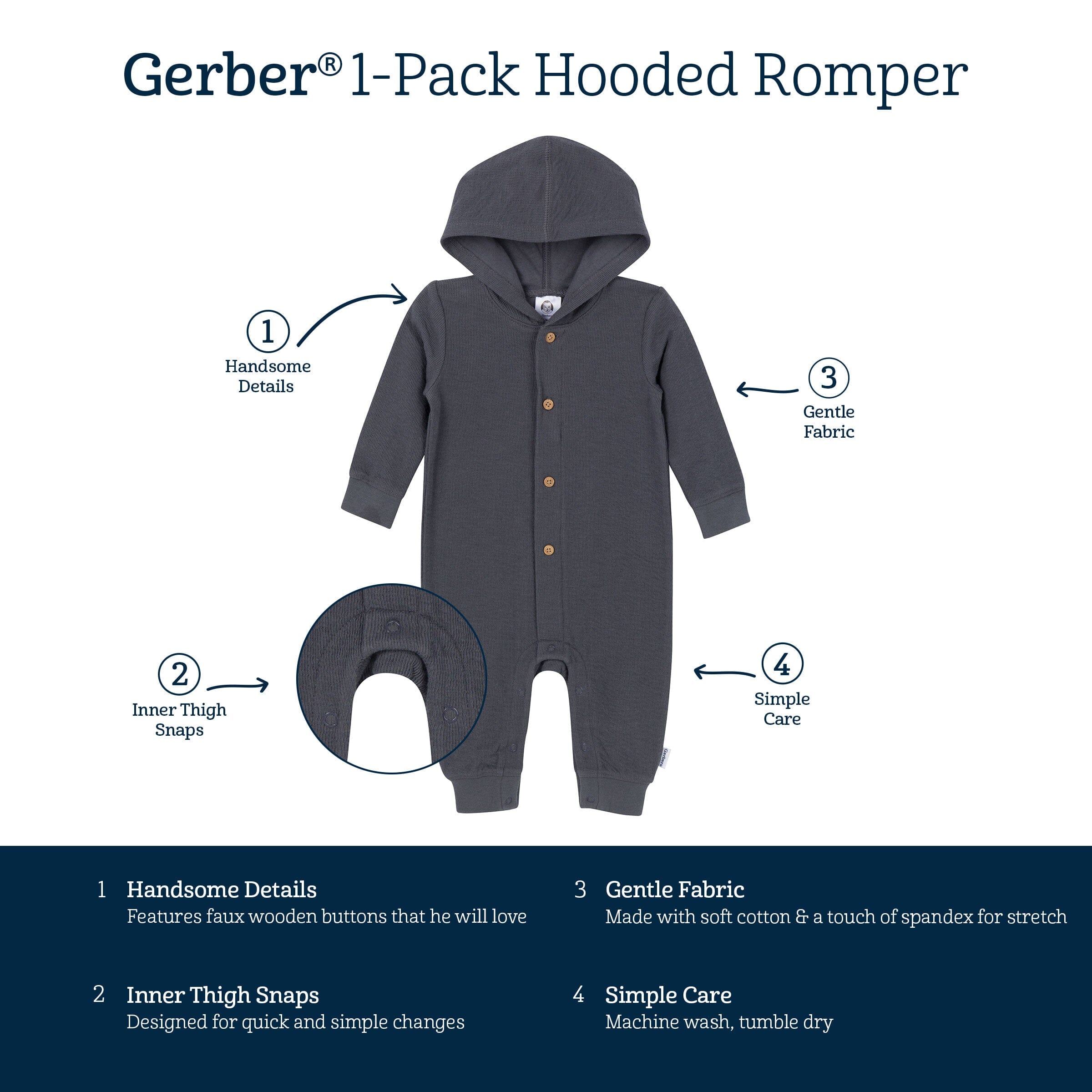 Baby Neutral Charcoal Hooded Romper - Image 6