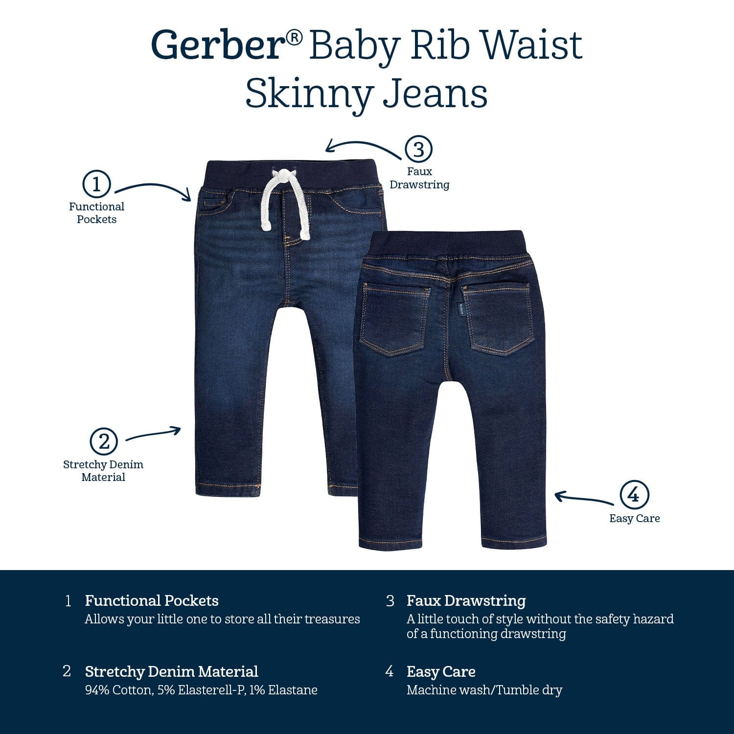 Baby Neutral Dark Blue Rib Waist Skinny Denim Jeans - Image 5