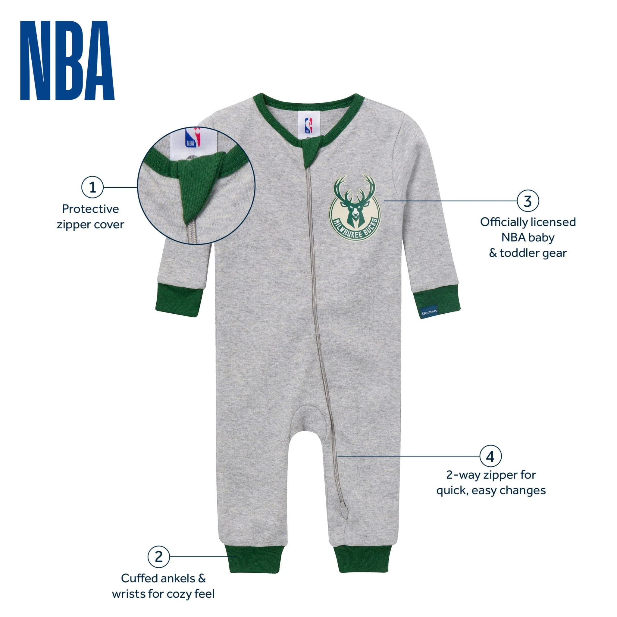 Baby Neutral Milwaukee Bucks Footless Pajamas - Image 5