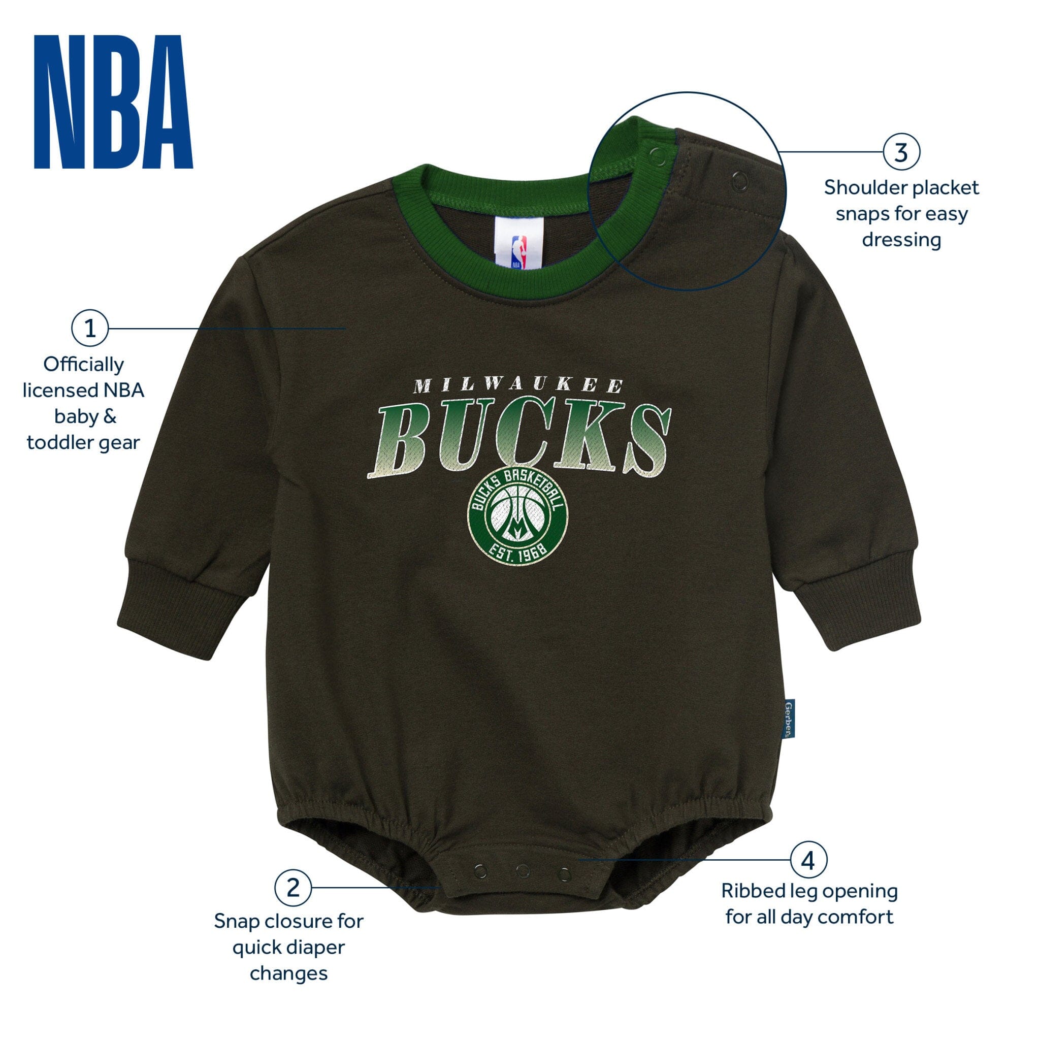 Baby Neutral Milwaukee Bucks Sweatshirt Bubble Romper - Image 5