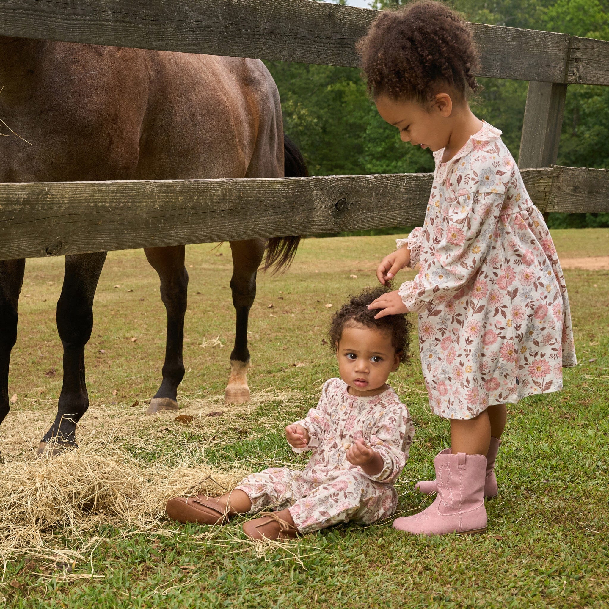 Girls Fall Floral Neck Ruffle Dress - Image 2