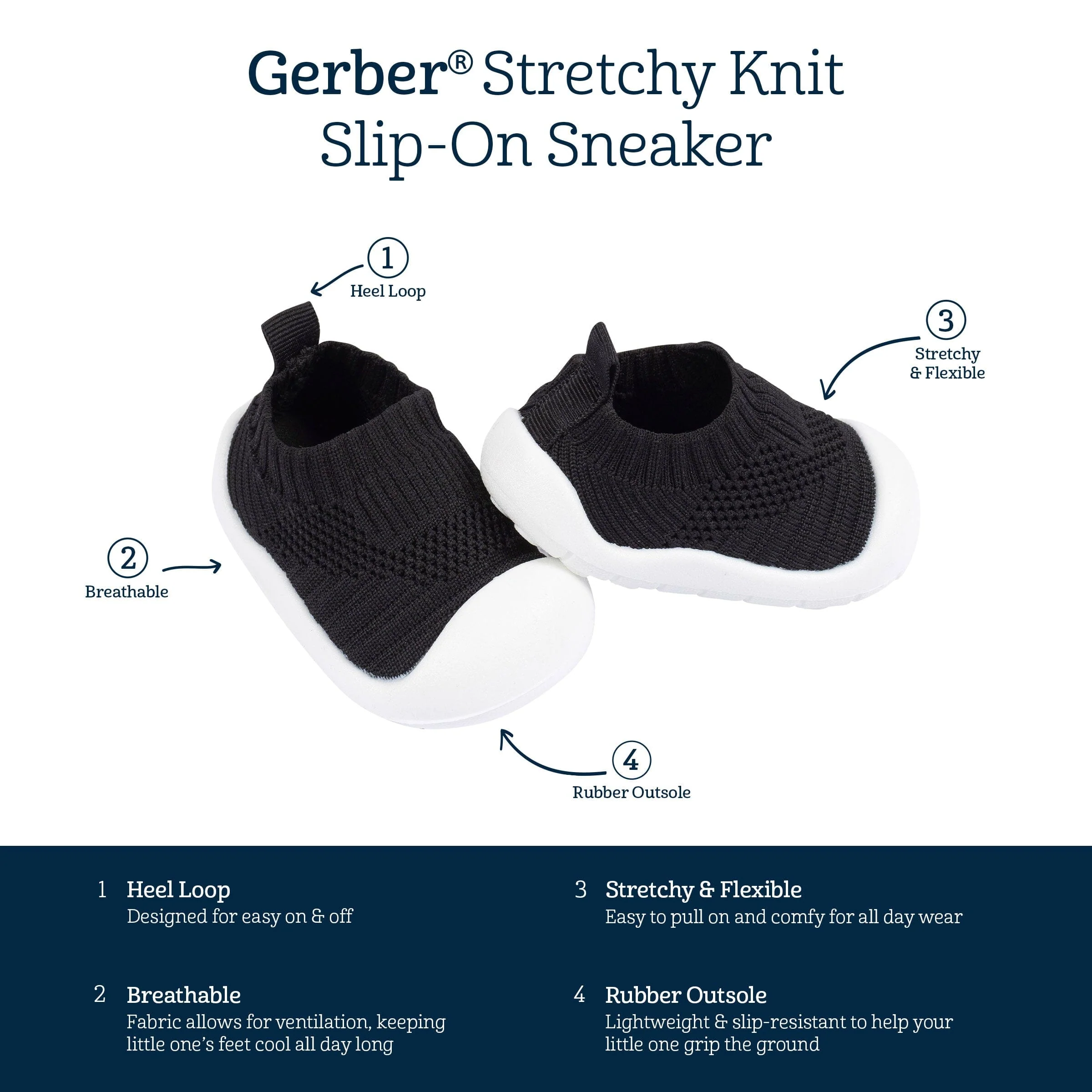 Toddler Neutral Black Stretchy Knit Slip-On Sneaker, US 11 - Image 7