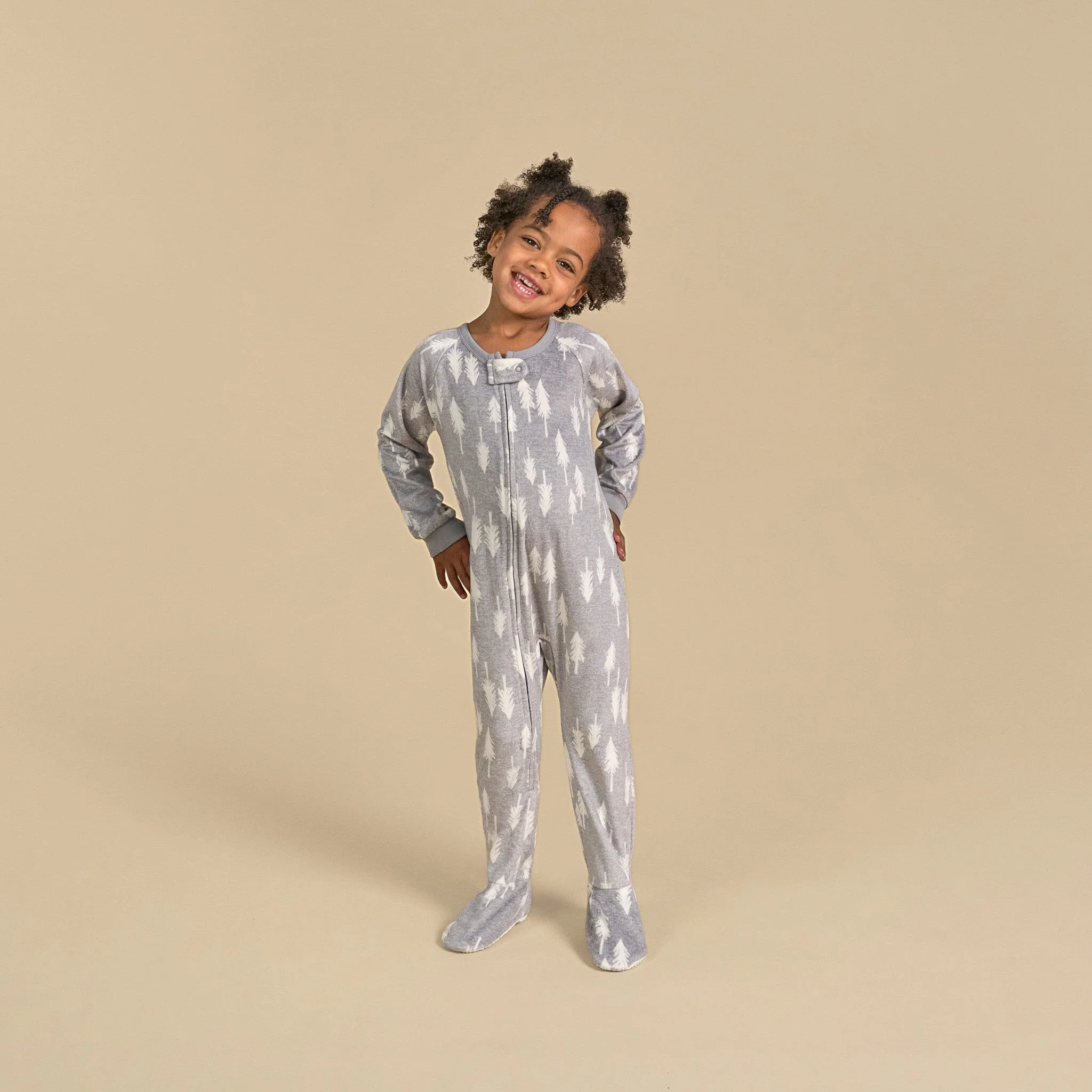 Infant and Toddler Neutral Grey Heather Trees Footed Fleece Pajamas - Image 2