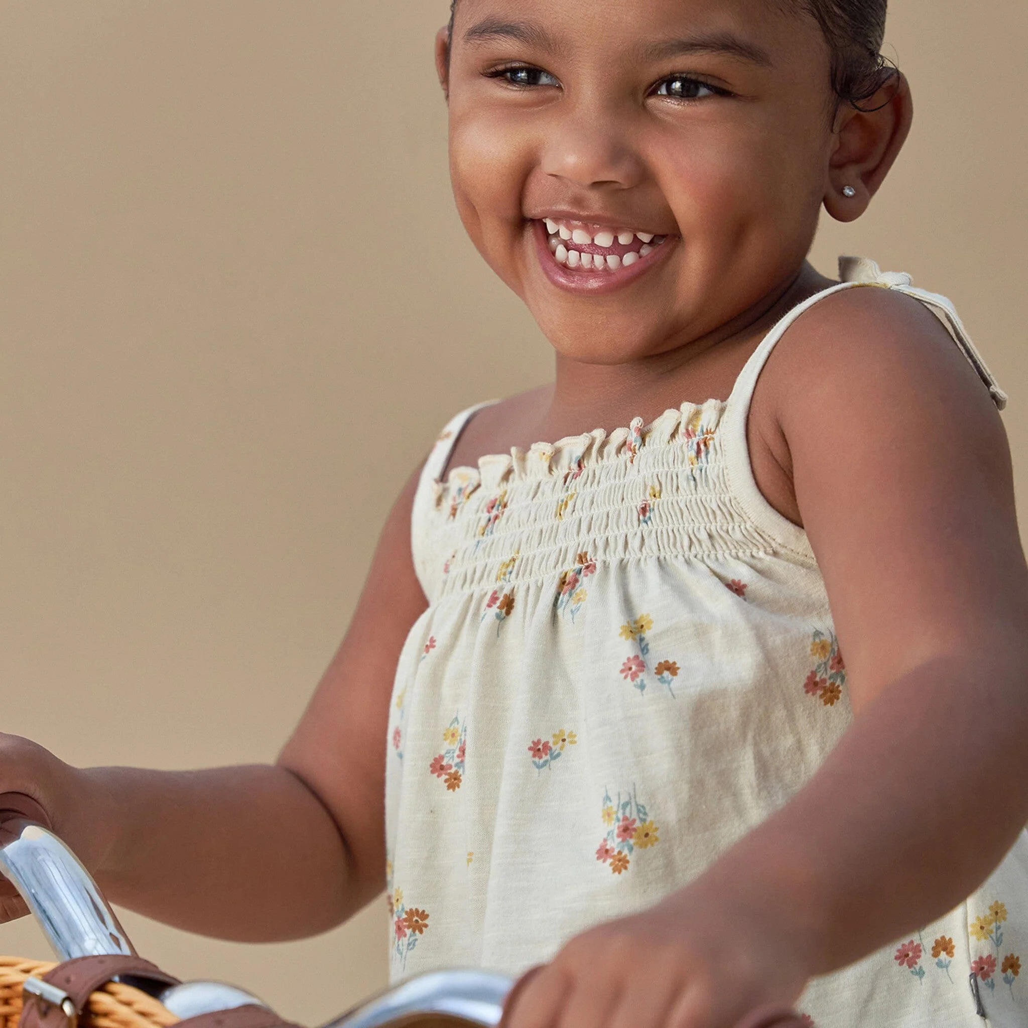 Infant & Toddler Girls Light Beige Flowers Smocked Sleeveless Top - Image 3
