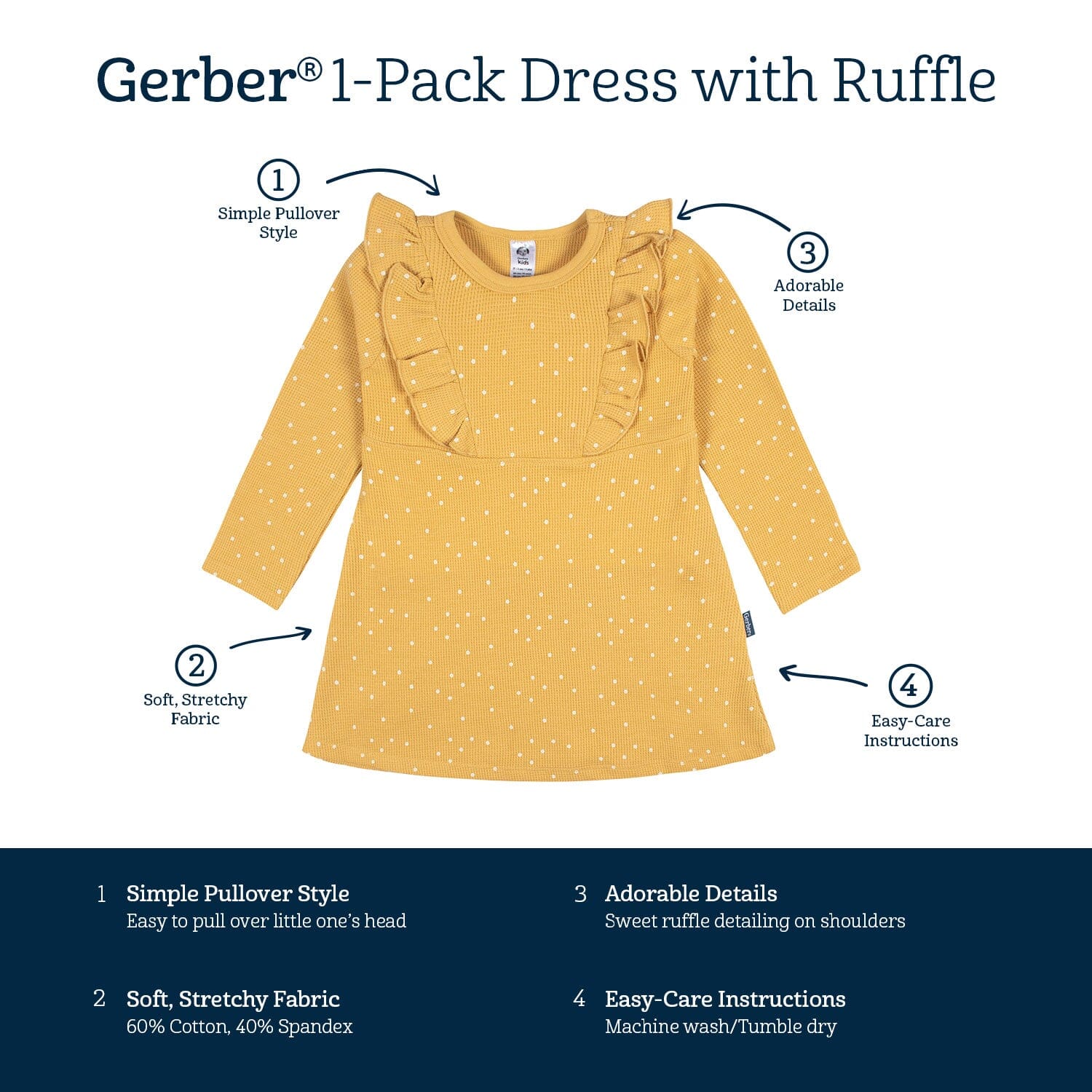 Infant and Toddler Girls Yellow Dots Dress with Ruffle - Image 7