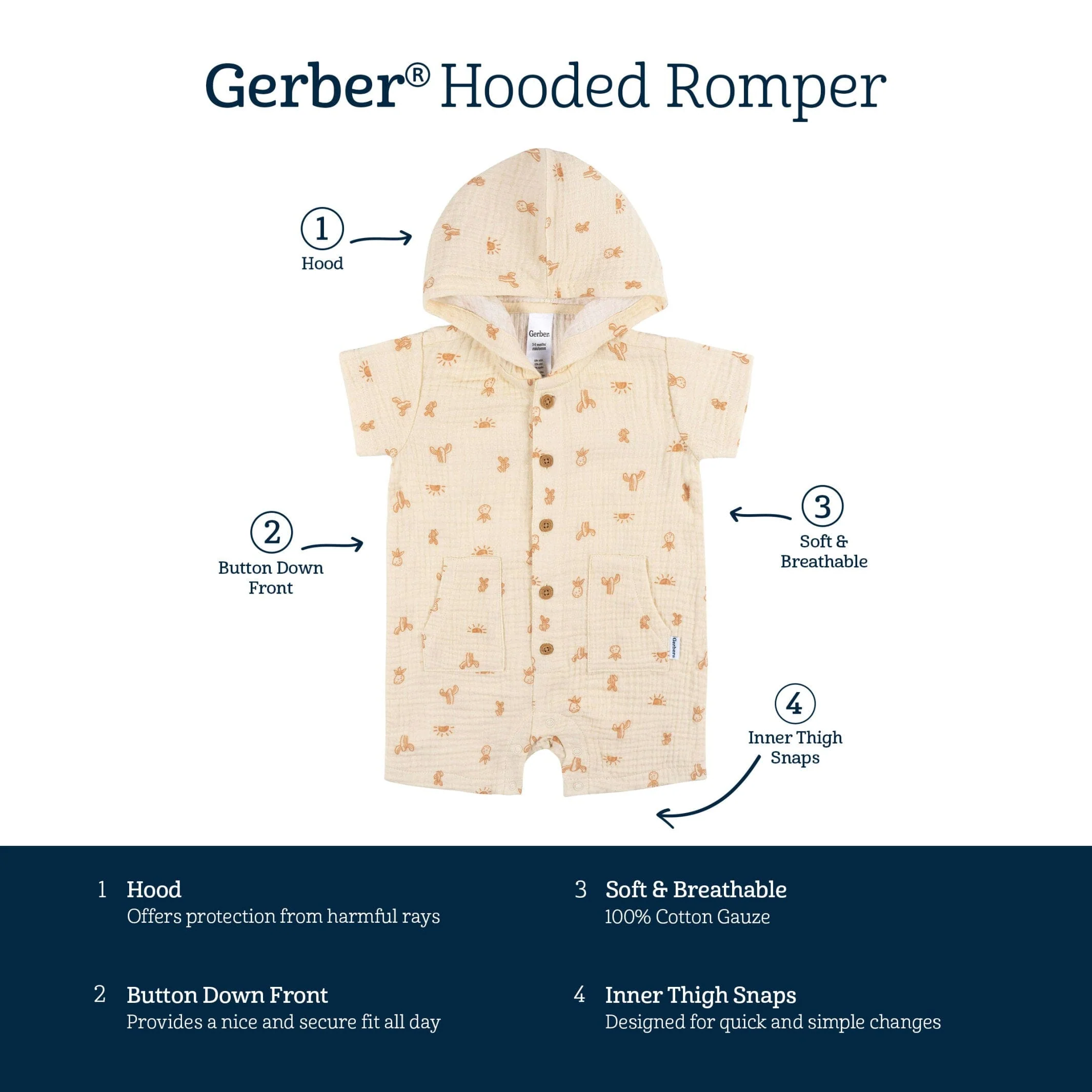 Baby Boys Desert Cotton Gauze Hooded Romper - Image 5