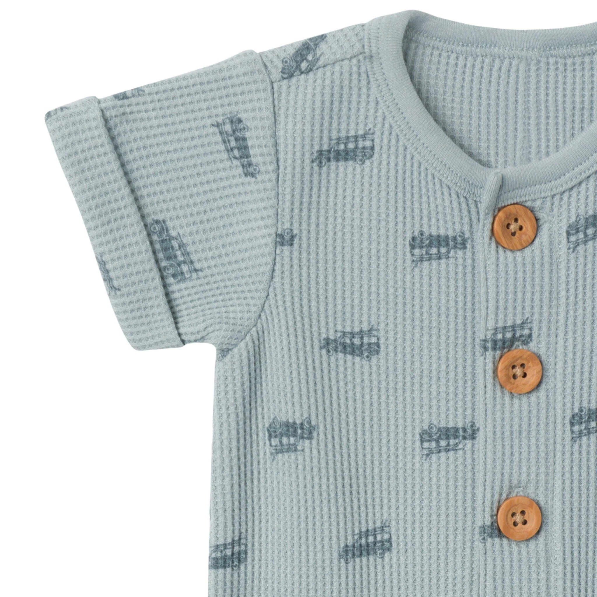 Baby Boys Teal Buggy Short Sleeve Long Leg Romper - Image 2