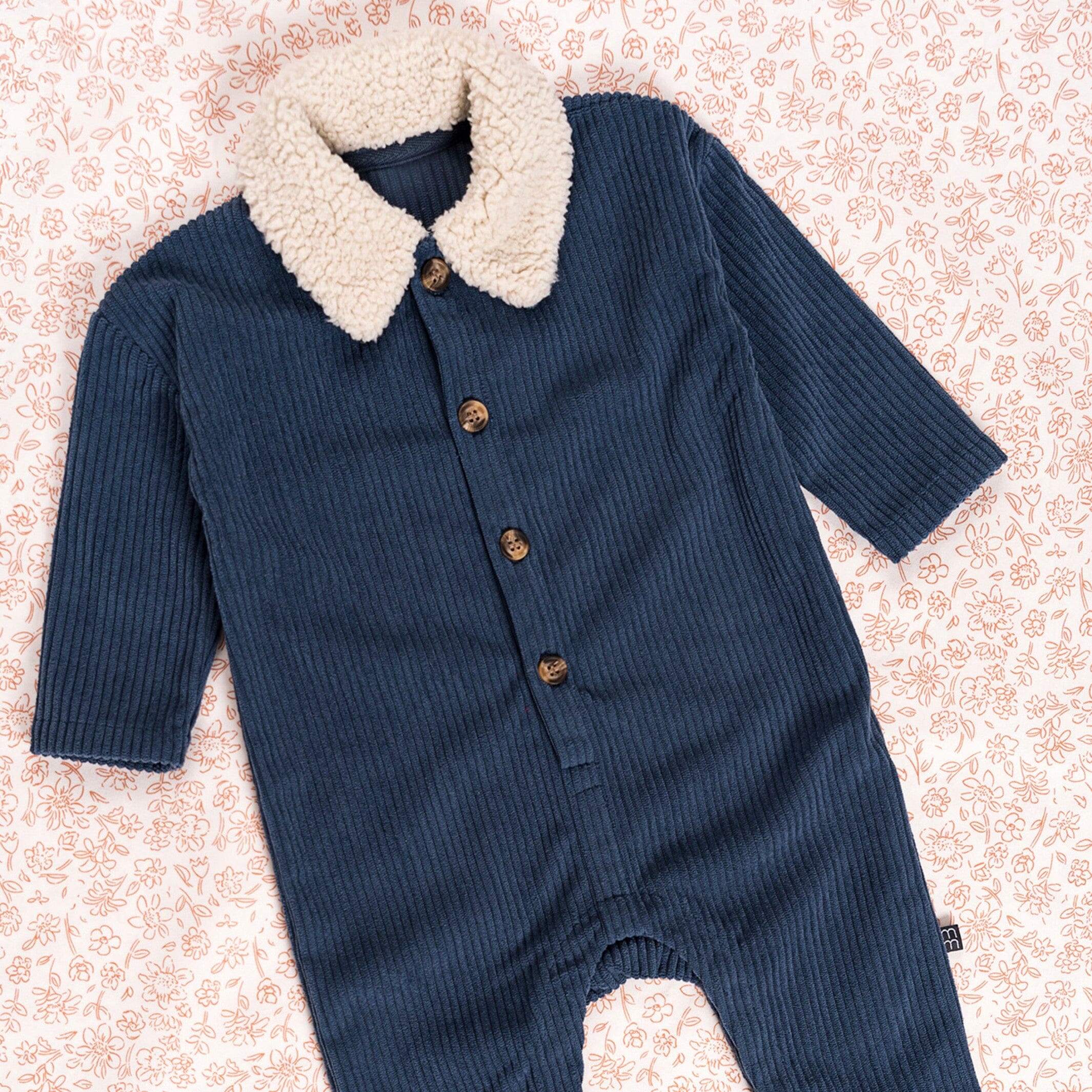 Baby Boys Navy Sherpa Collar Corduroy Romper - Image 2
