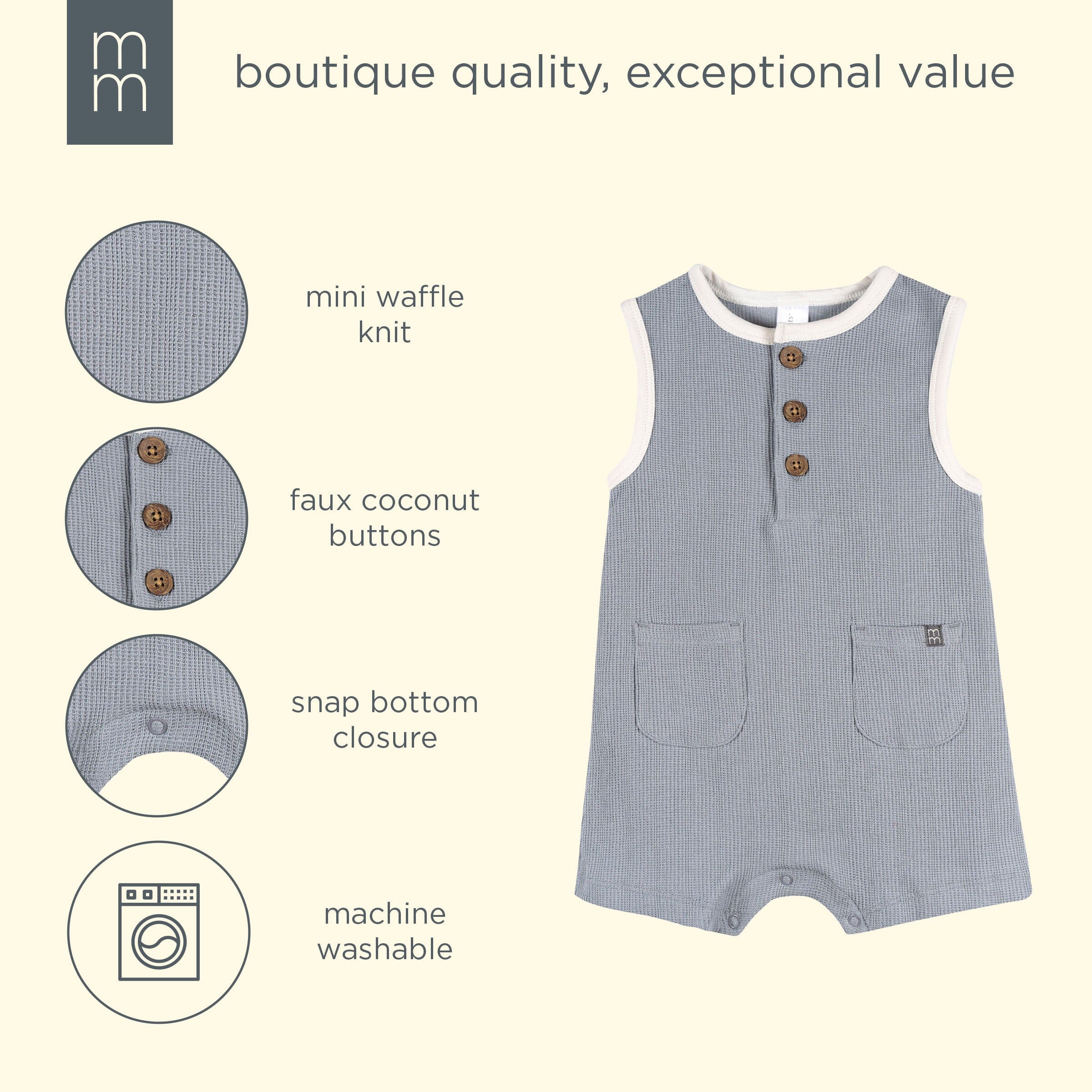 Baby Boys Blue Grey Henley Romper - Image 6