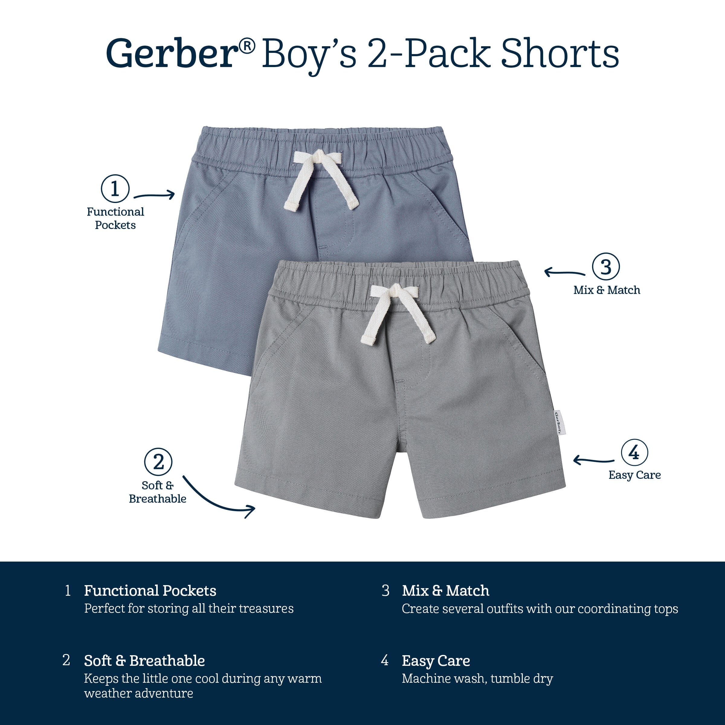 2-Pack Baby & Toddler Boys Grey and Blue Twill Shorts - Image 8