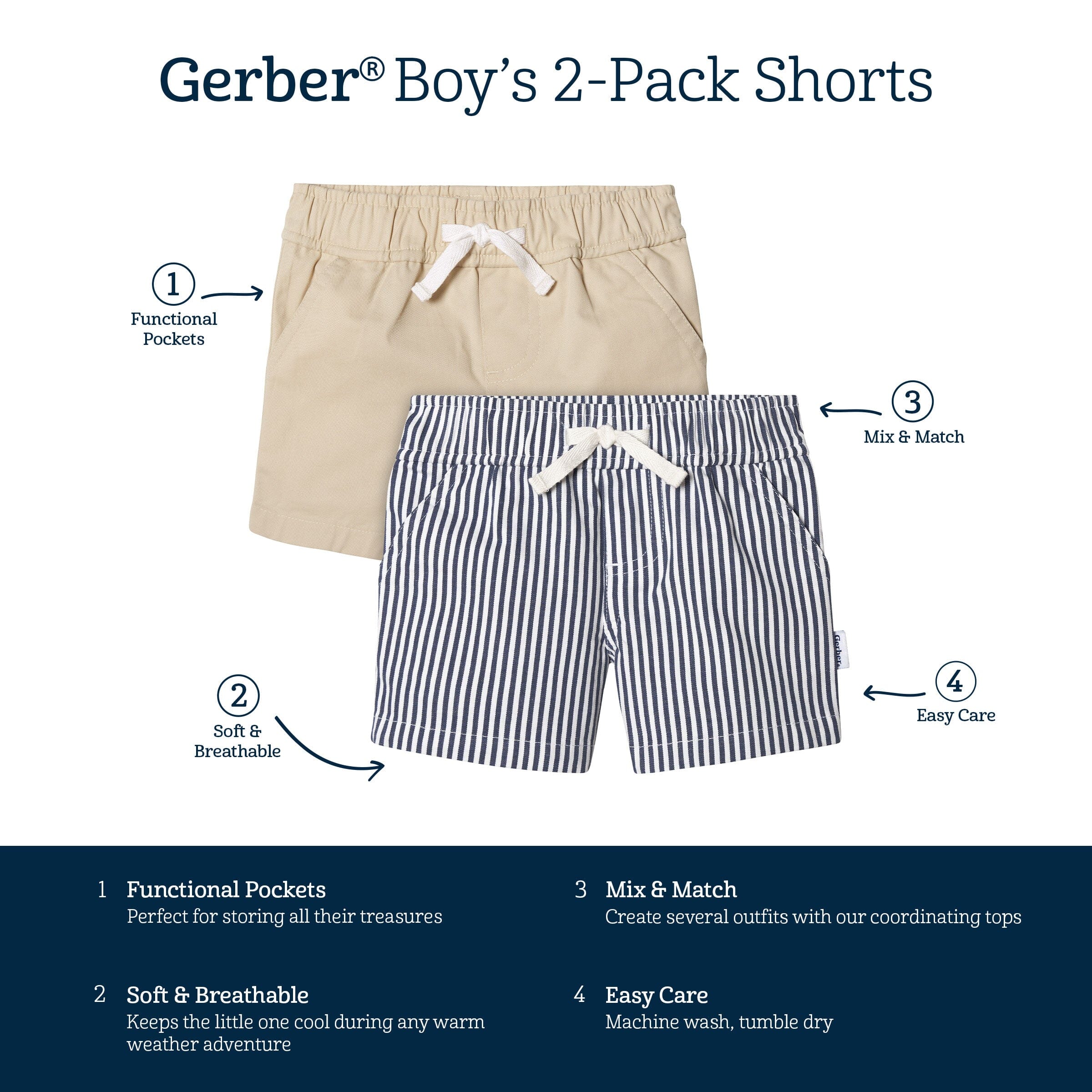 2-Pack Baby & Toddler Boys Navy Stripe and Khaki Twill Shorts - Image 8