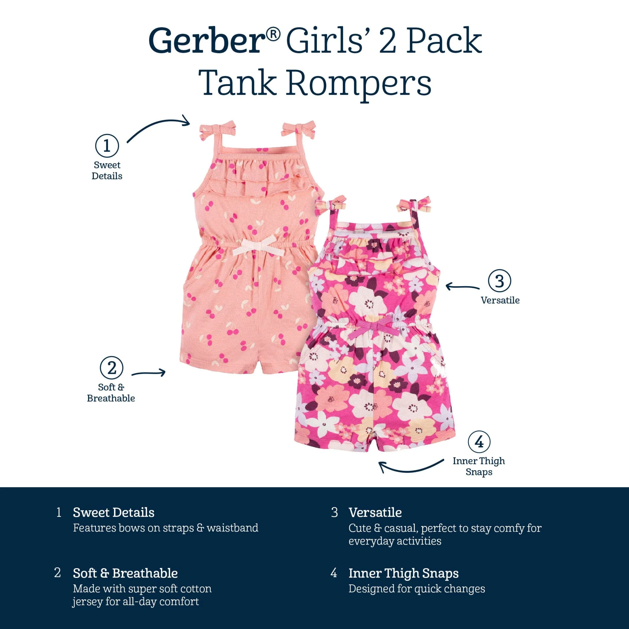 2-Pack Baby Girls Cherry Blossom Tank Rompers - Image 13