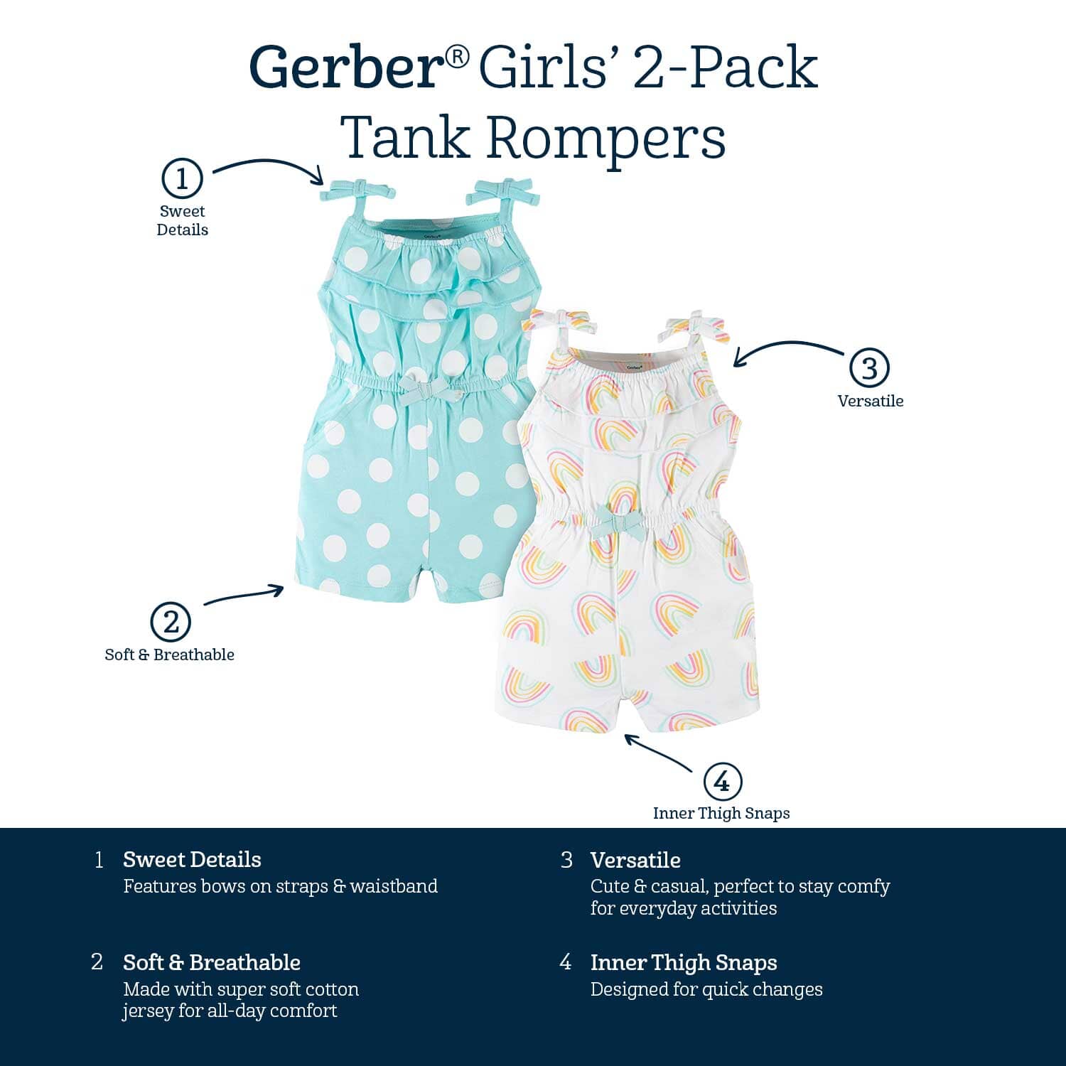 2-Pack Baby & Toddler Girls Dots Of Rainbows Tank Rompers - Image 12