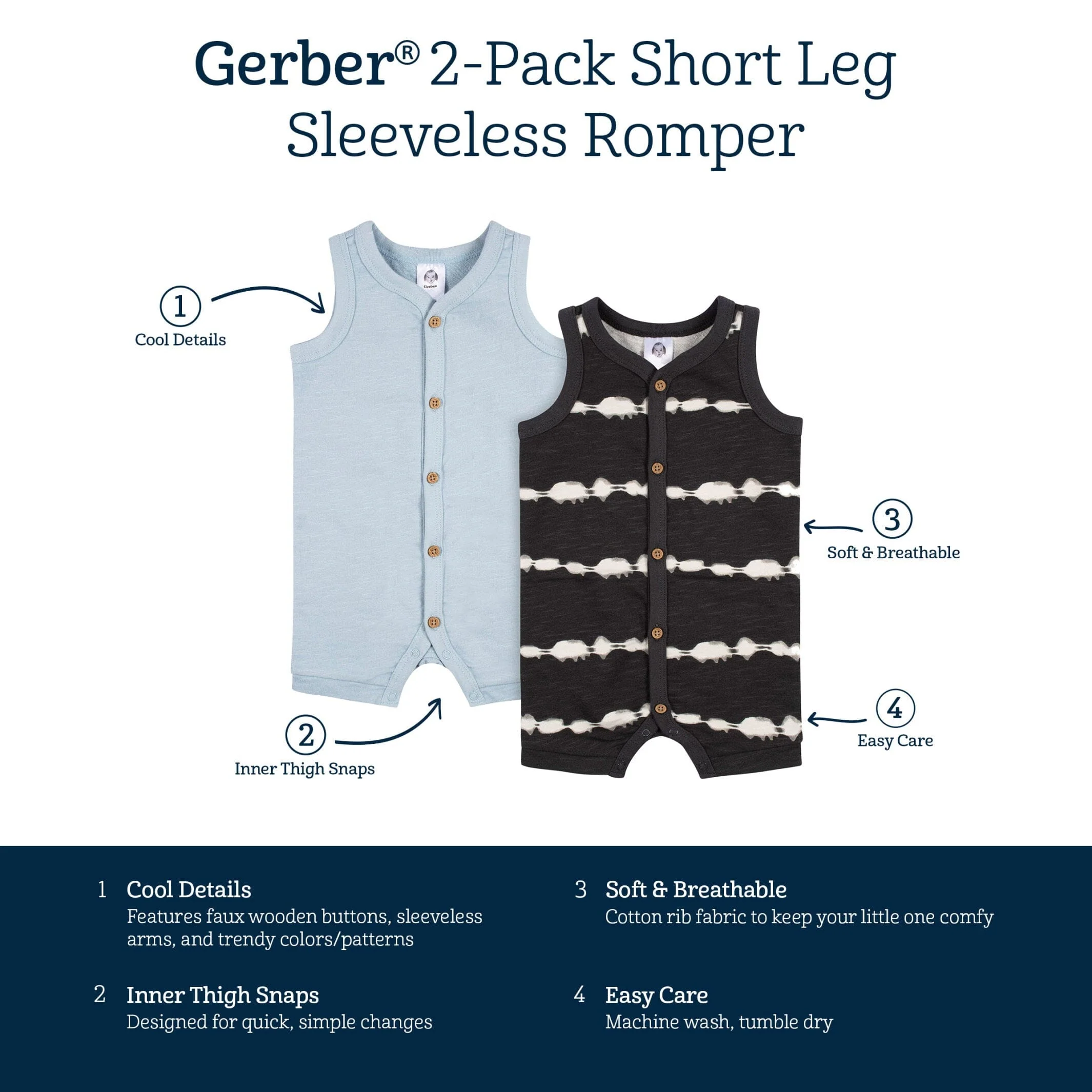 2-Pack Baby Boys Dark Gray Tie Dye & Blue Heather Short Leg Sleeveless Romper, 0-3M - Image 7