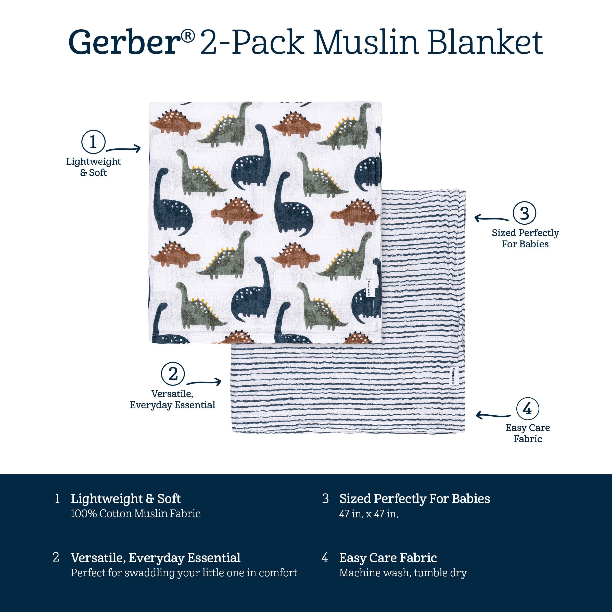 2-Pack Baby Boys Dino Time Muslin Blankets - Image 4