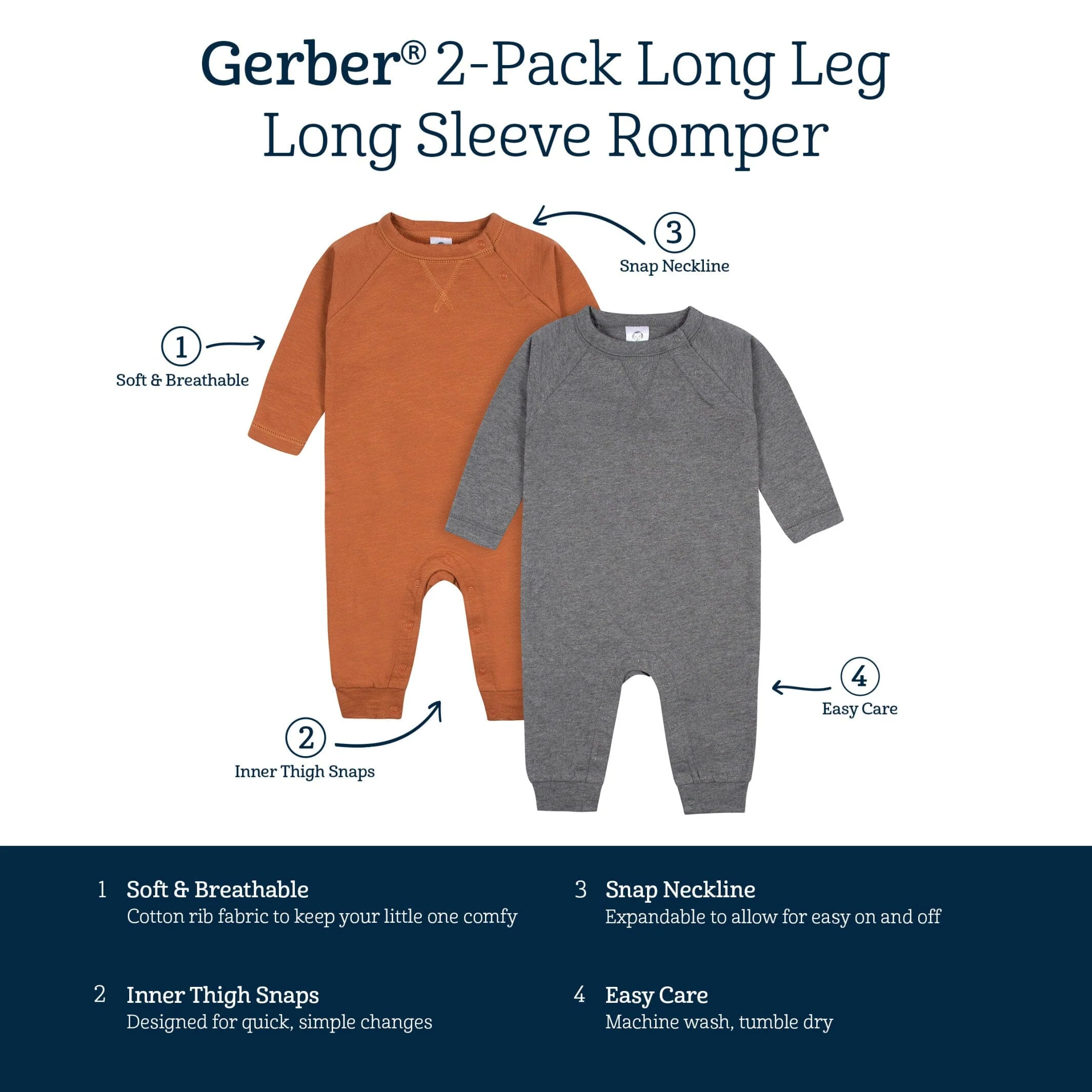 2-Pack Baby Boys Heather Gray & Rust Raglan Sleeve Romper - Image 9