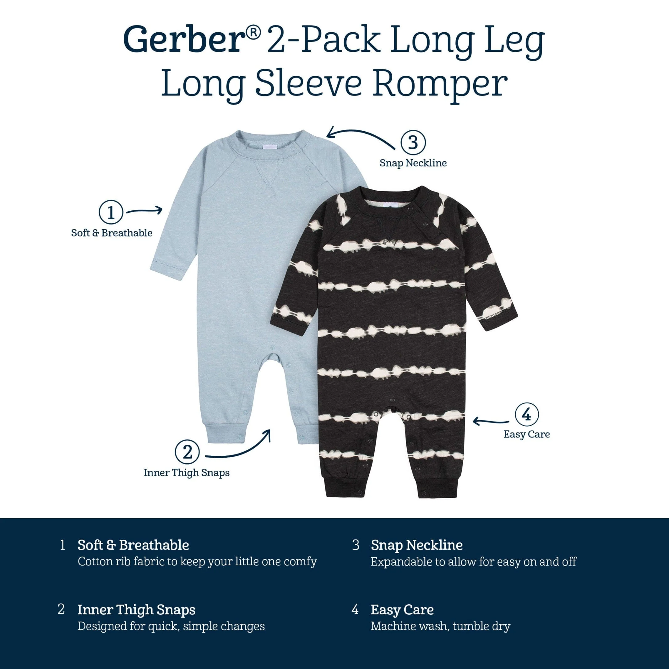 2-Pack Baby Boys Dark Gray Tie Dye & Blue Raglan Sleeve Romper - Image 11